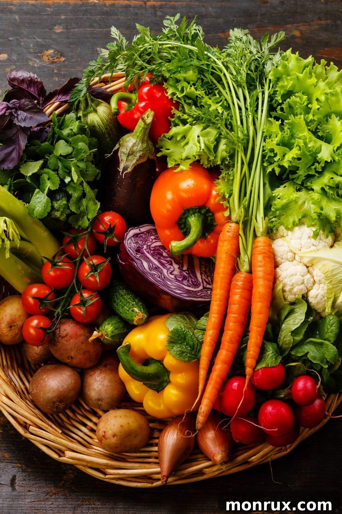 A vibrant basket brimming with colorful, fresh vegetables, symbolizing a healthy plant-based diet.