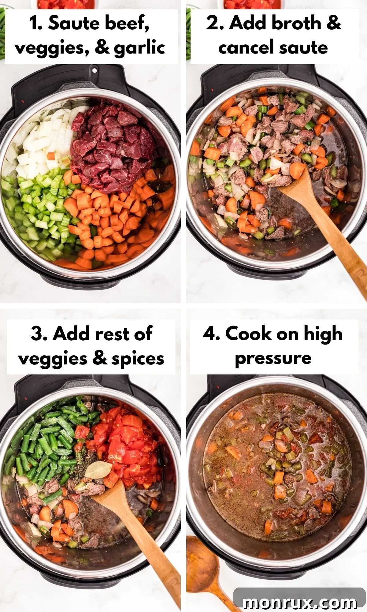 A sequence of images showing the preparation steps for vegetable beef soup in an Instant Pot: sautéing beef and vegetables, adding liquids and seasonings, and finally, the finished soup.