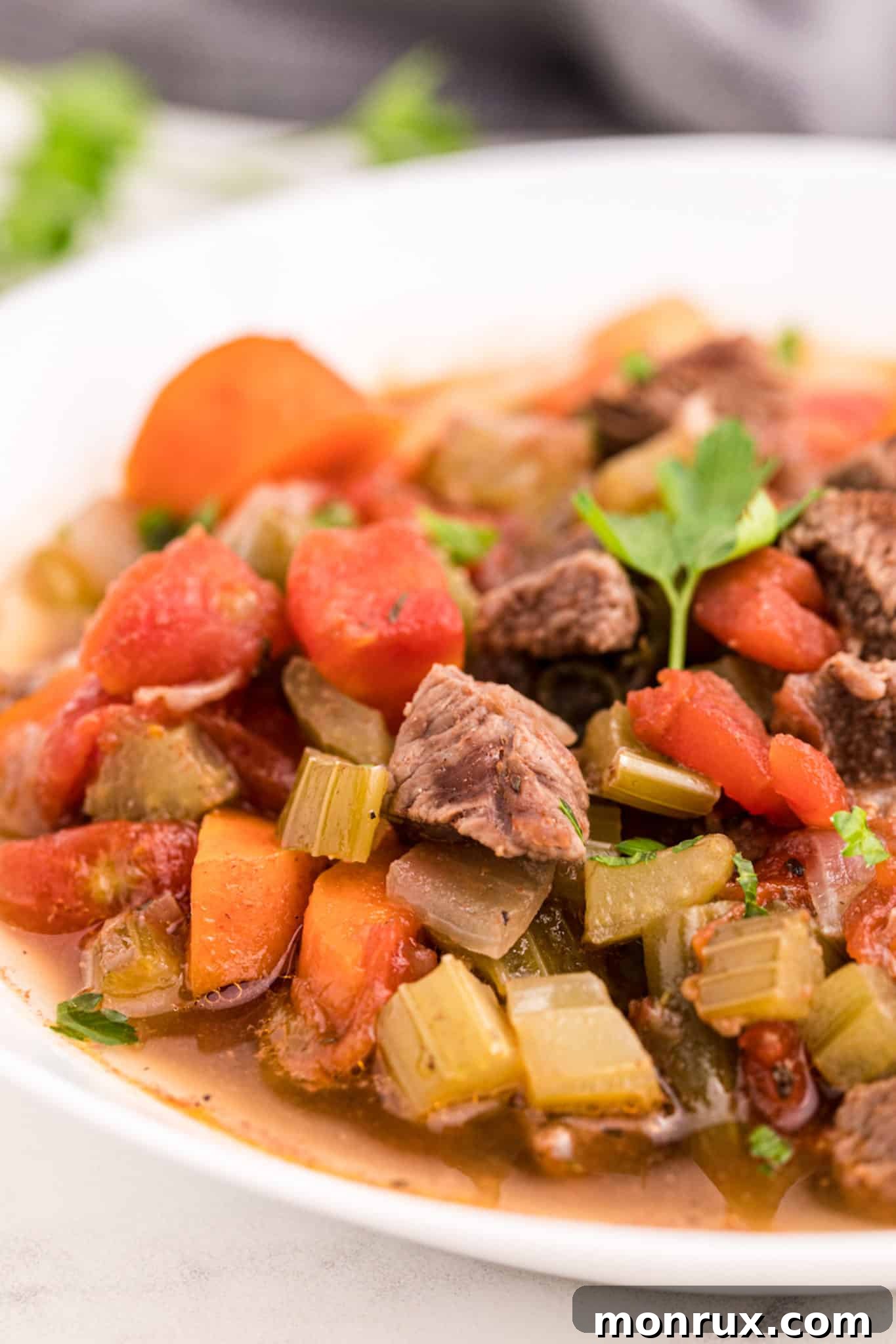 A close-up view of a single bowl of Instant Pot Beef Vegetable Soup, showing the rich broth, tender beef chunks, and clearly visible carrots, celery, and green beans.