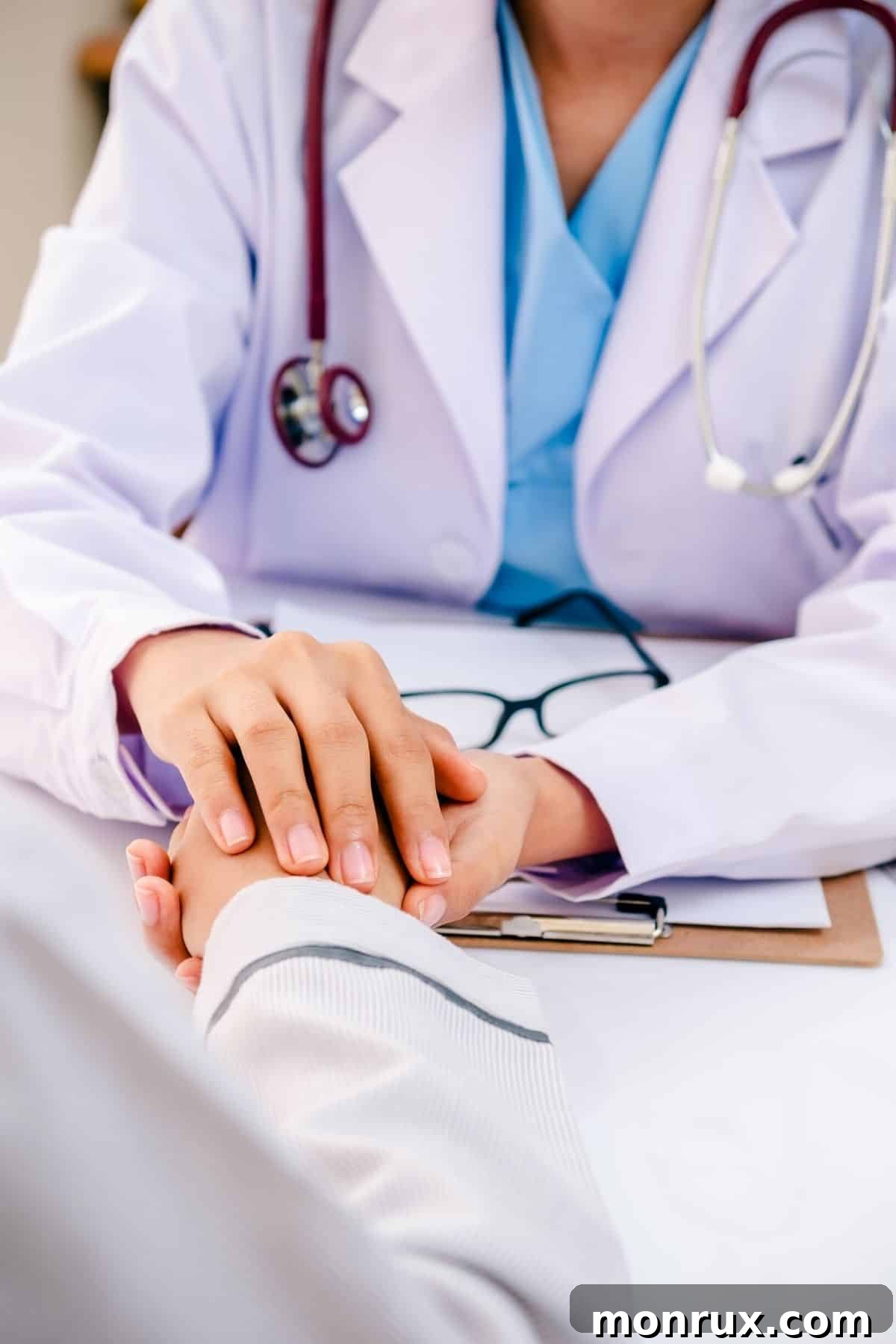 A doctor holds a patient's hand gently, symbolizing empathy, support, and professional care during challenging health transitions like perimenopause.