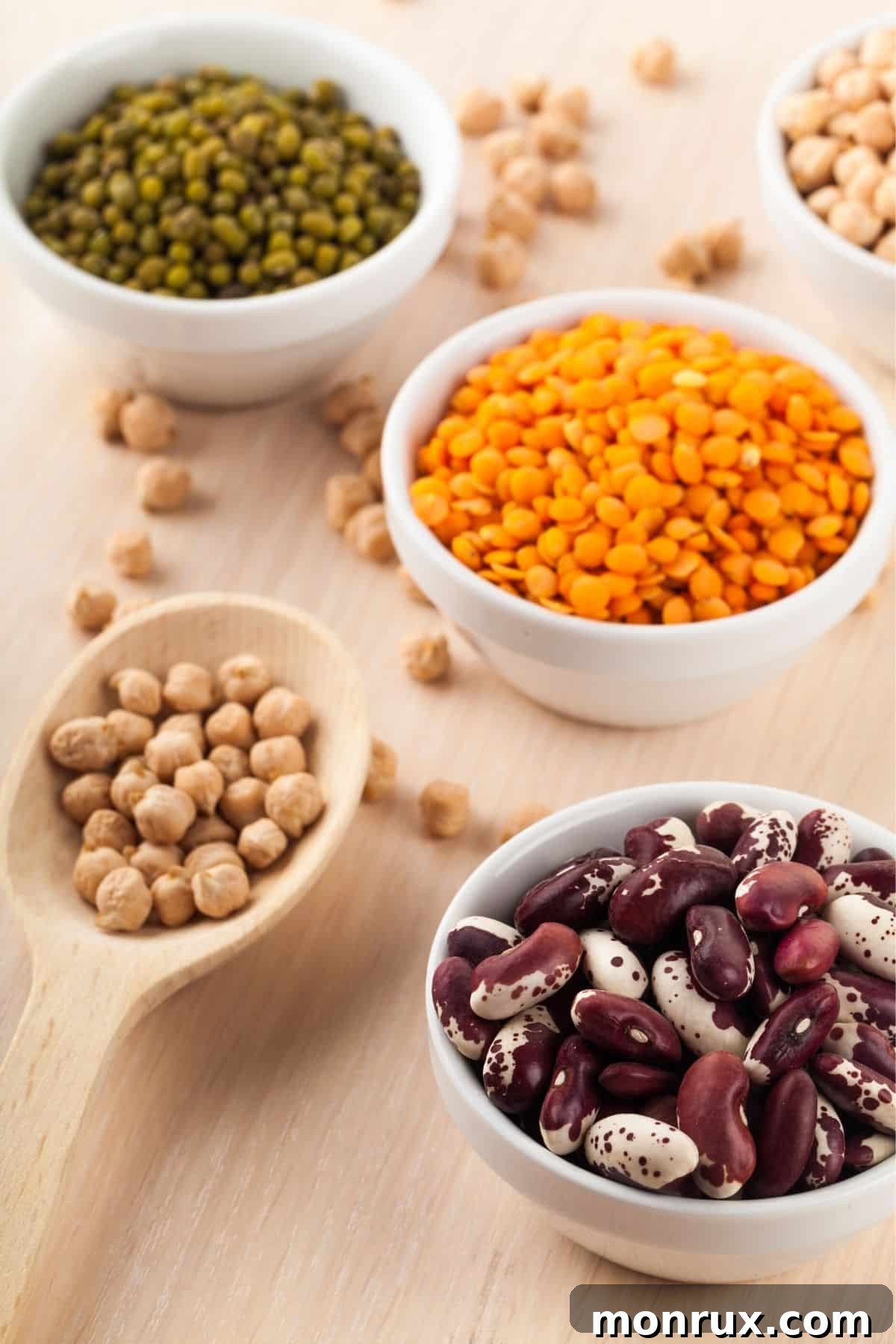 beans and peas on a table.