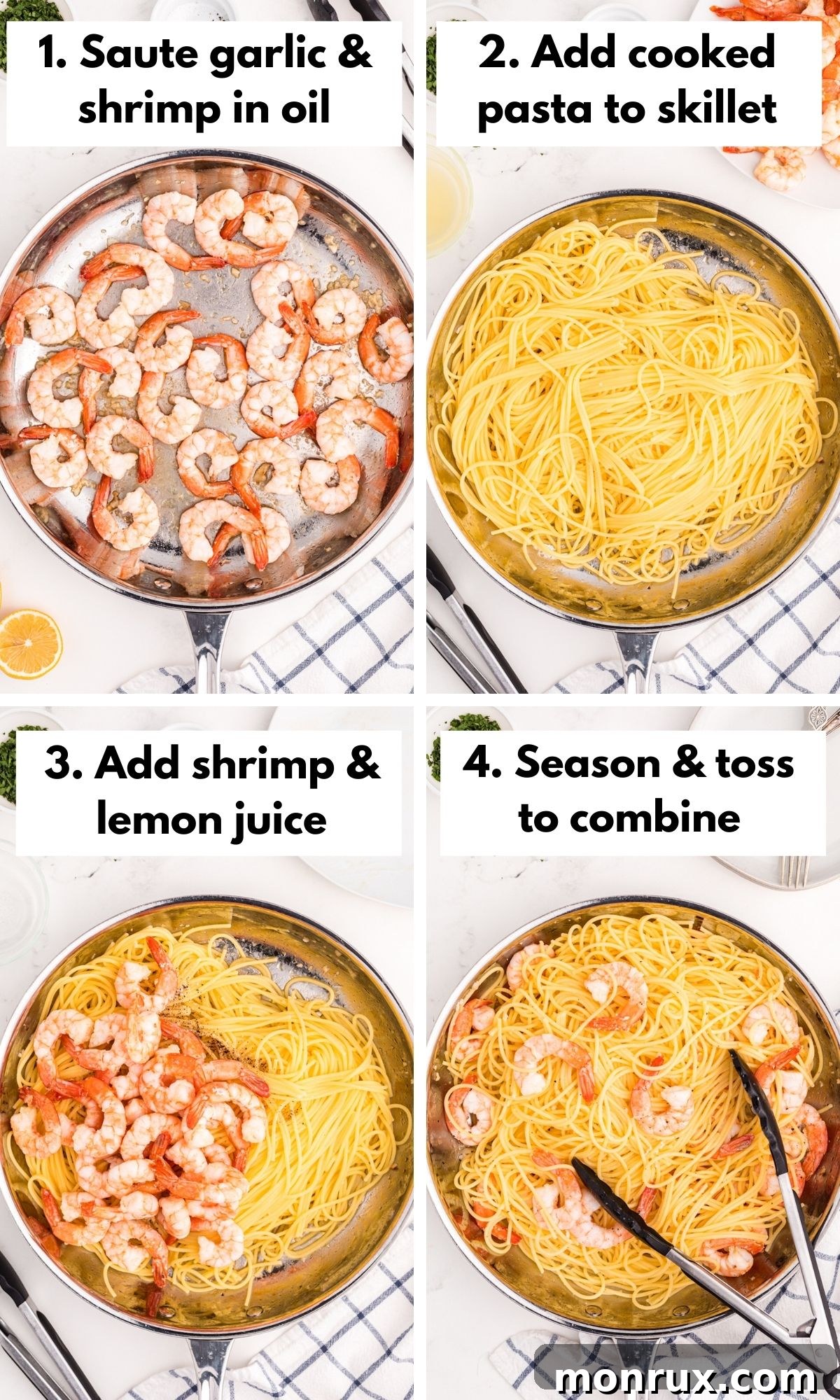 The cooking process of raw shrimp and finely minced garlic simmering gently in a hot skillet with olive oil, vividly showcasing the initial, crucial cooking phase of shrimp scampi.