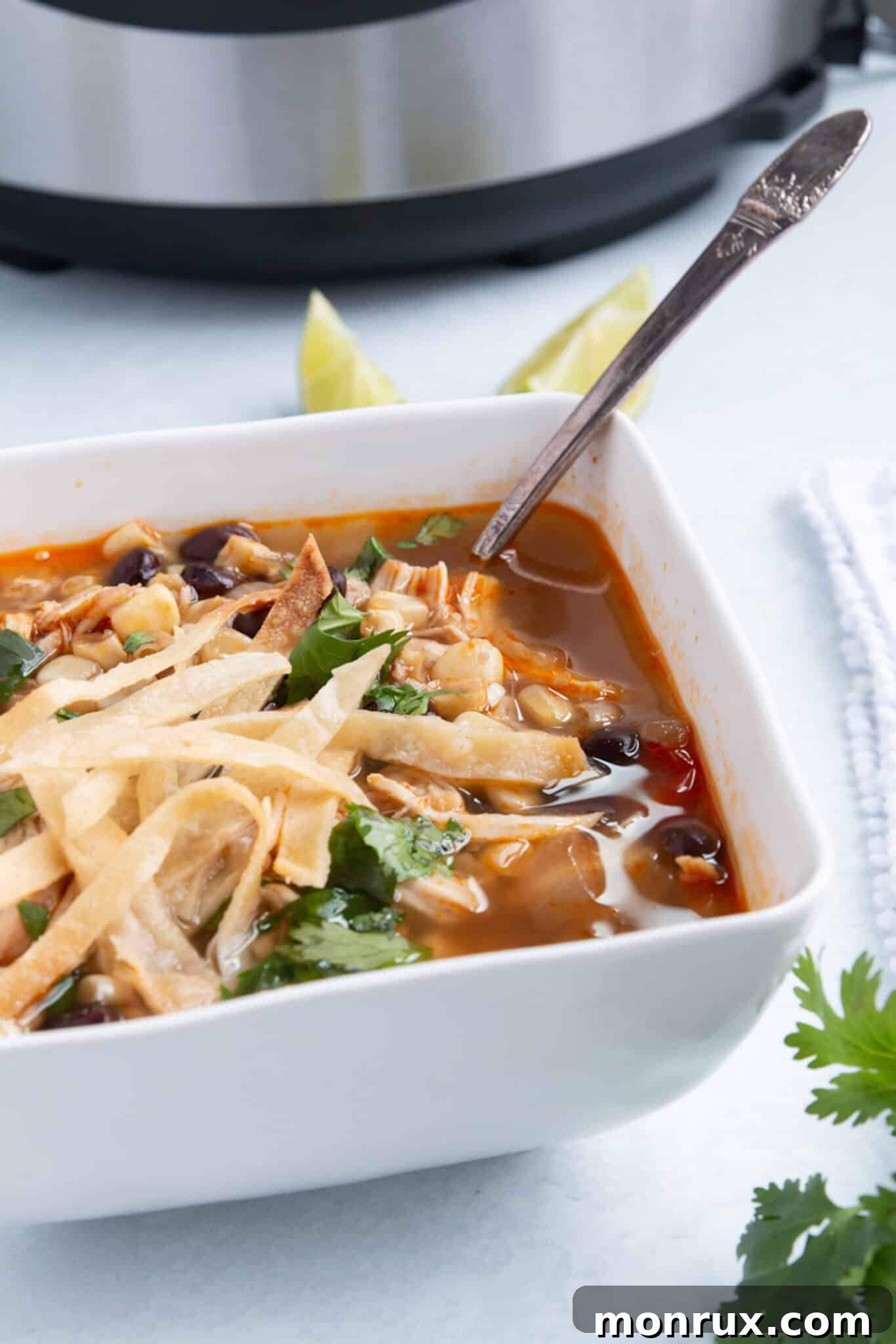 A vibrant bowl of Instant Pot Chicken Tortilla Soup, garnished with crispy corn tortilla strips, ready to be enjoyed.