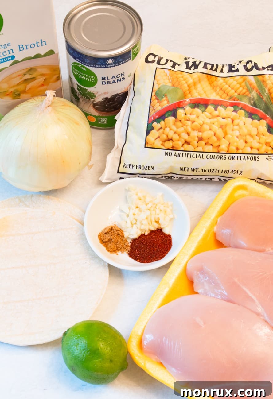 Fresh ingredients laid out for a flavorful Instant Pot Chicken Tortilla Soup recipe, including chicken, corn, beans, and spices.