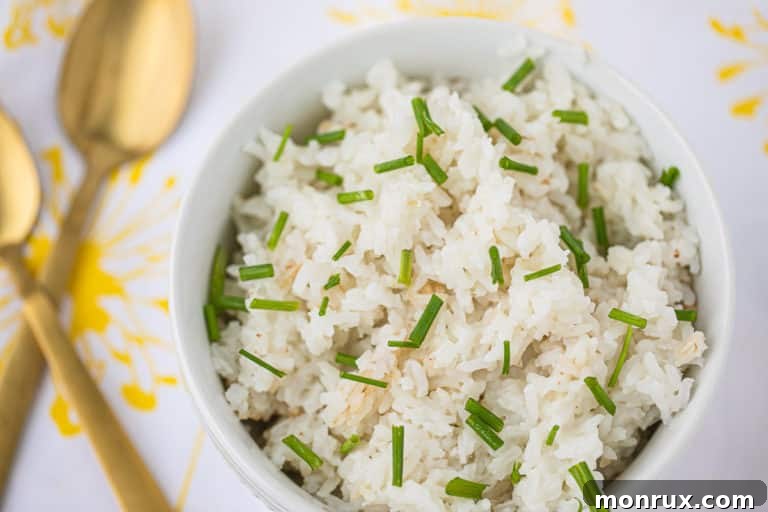 A rustic bowl filled with fluffy, cooked white coconut rice, lightly garnished with fresh chives, ready to be served.