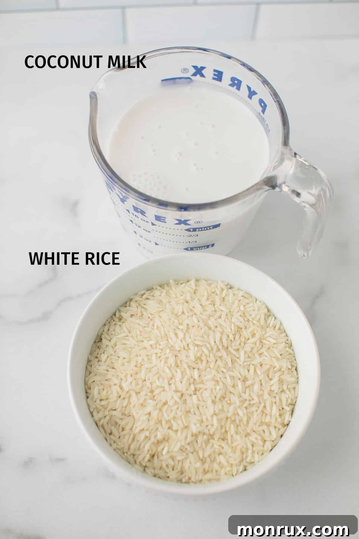 A simple array of essential ingredients, including a bag of white rice and a can of coconut milk, laid out for making Instant Pot coconut rice.