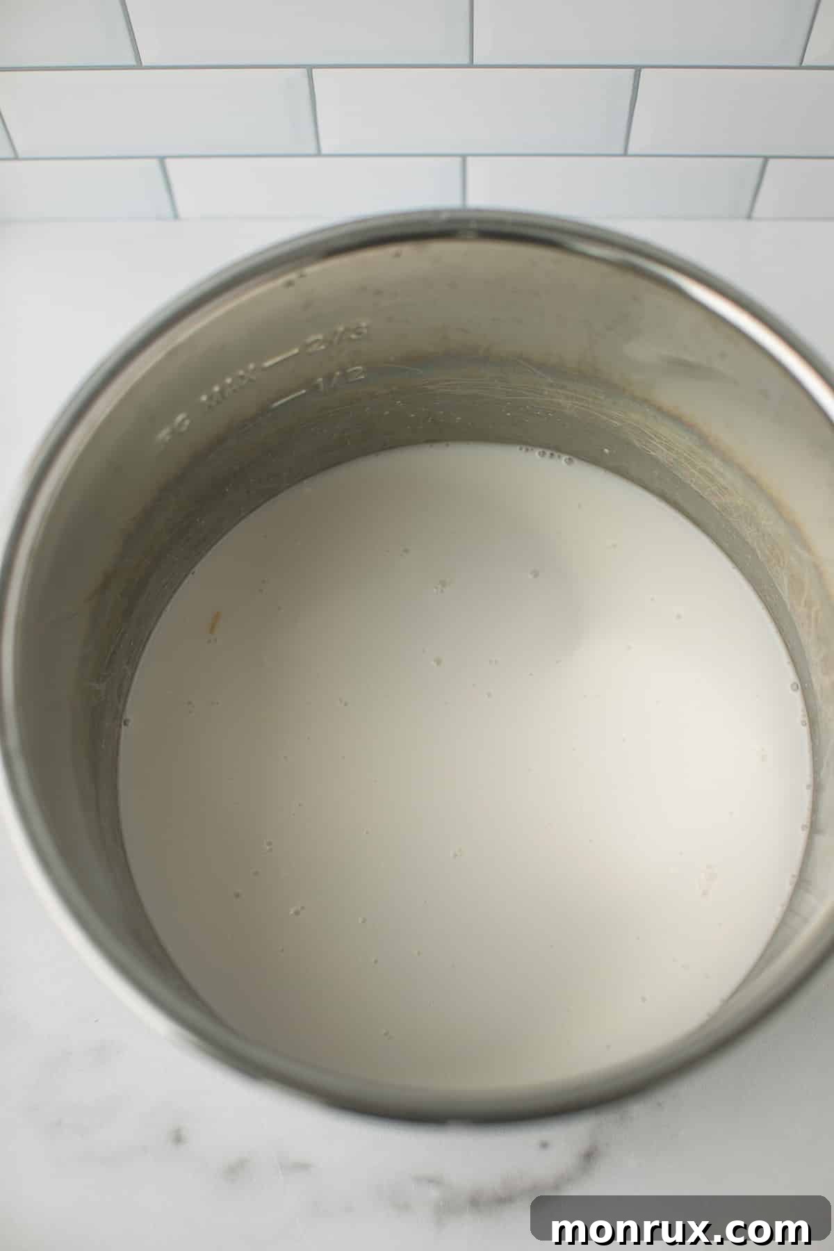 Uncooked white rice, coconut milk, and water combined in the inner pot of an Instant Pot, ready for pressure cooking.
