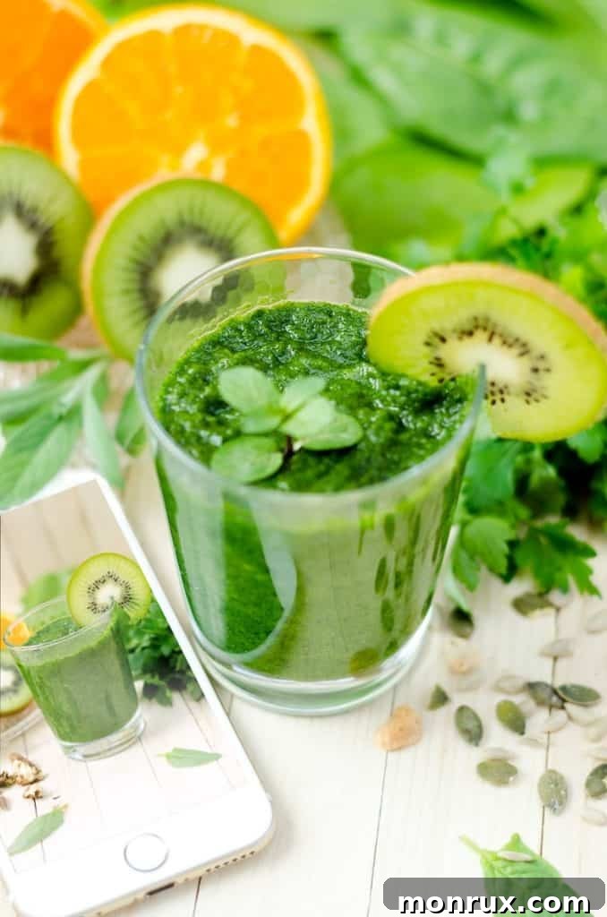 A vibrant green smoothie with kiwi slices, representing wholesome and nutritious food choices.