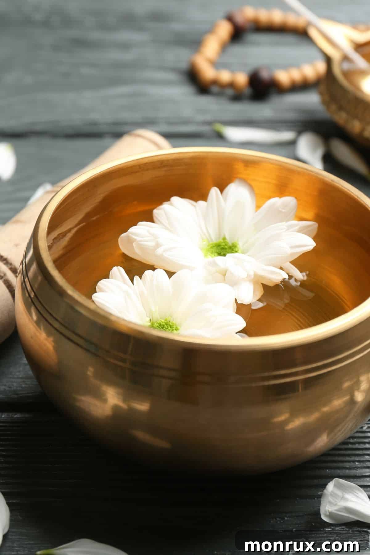 A serene bowl filled with water and floating flowers, symbolizing tranquility, renewal, and the beauty of natural healing.