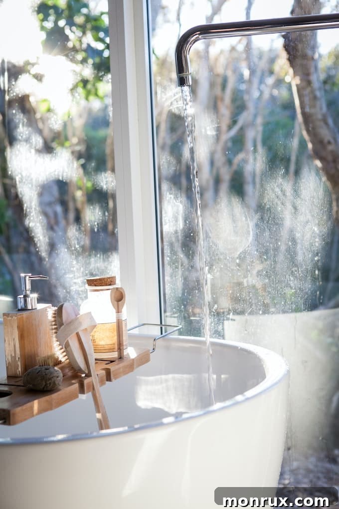 Water cascading from a faucet into a bathtub, creating a soothing and inviting scene for a relaxing bath as part of a nighttime routine.