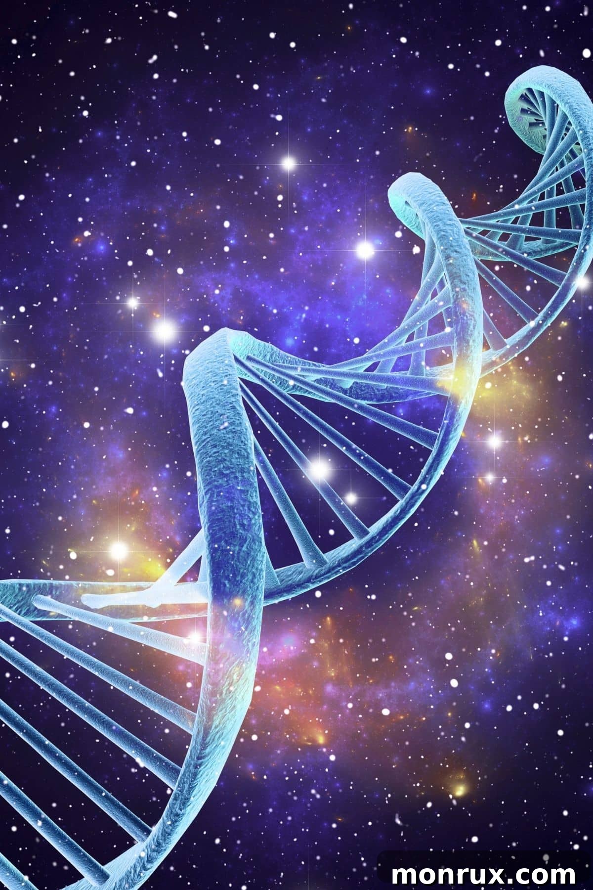A stylized rendering of DNA strands set against a cosmic, galaxy-like background, symbolizing the profound influence of genetics on human health.