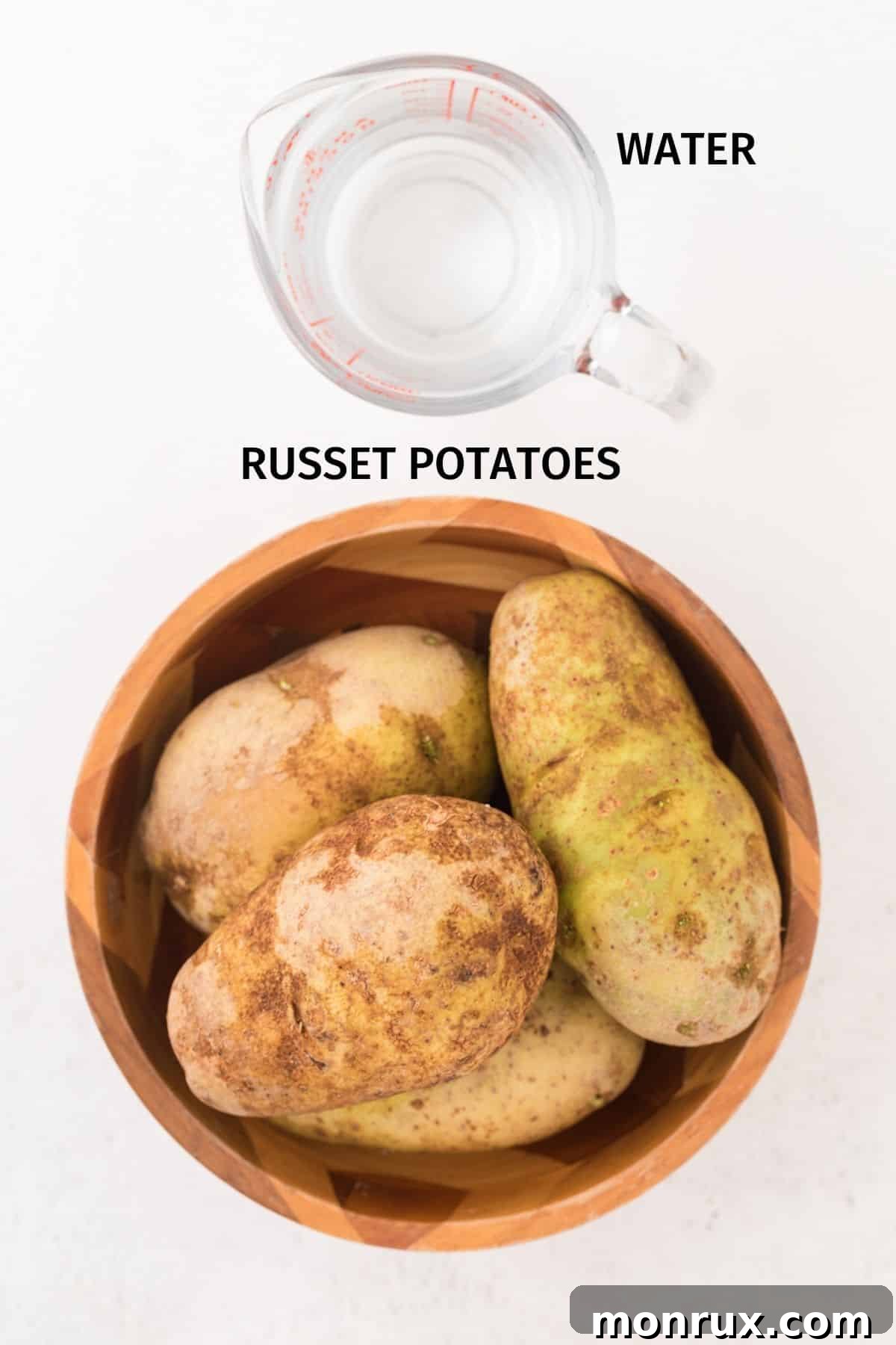 A collage showing various ingredients and steps for making Instant Pot baked potatoes, including a bowl of Russet potatoes.