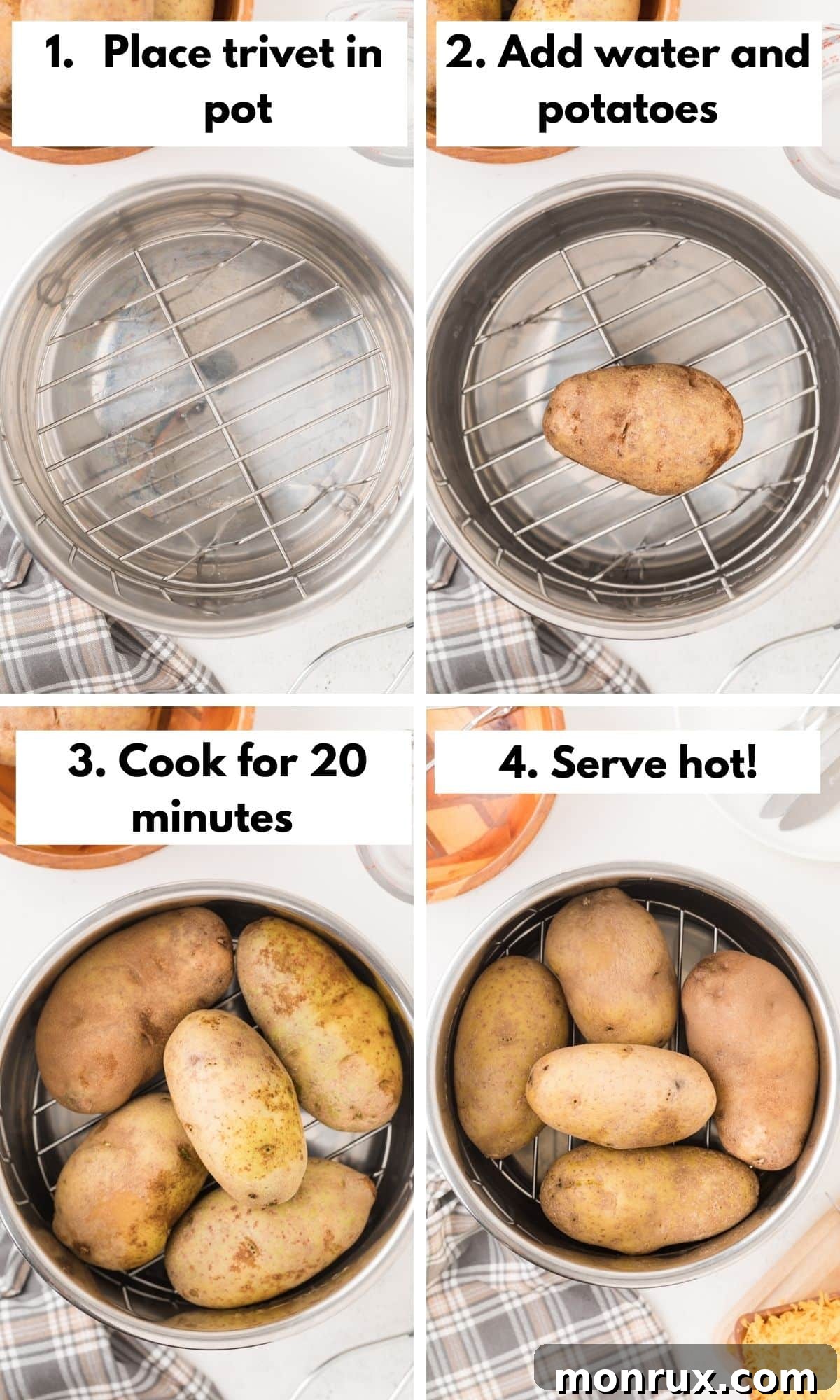A four-panel collage showing the process of making Instant Pot baked potatoes, from placing potatoes to the finished product.