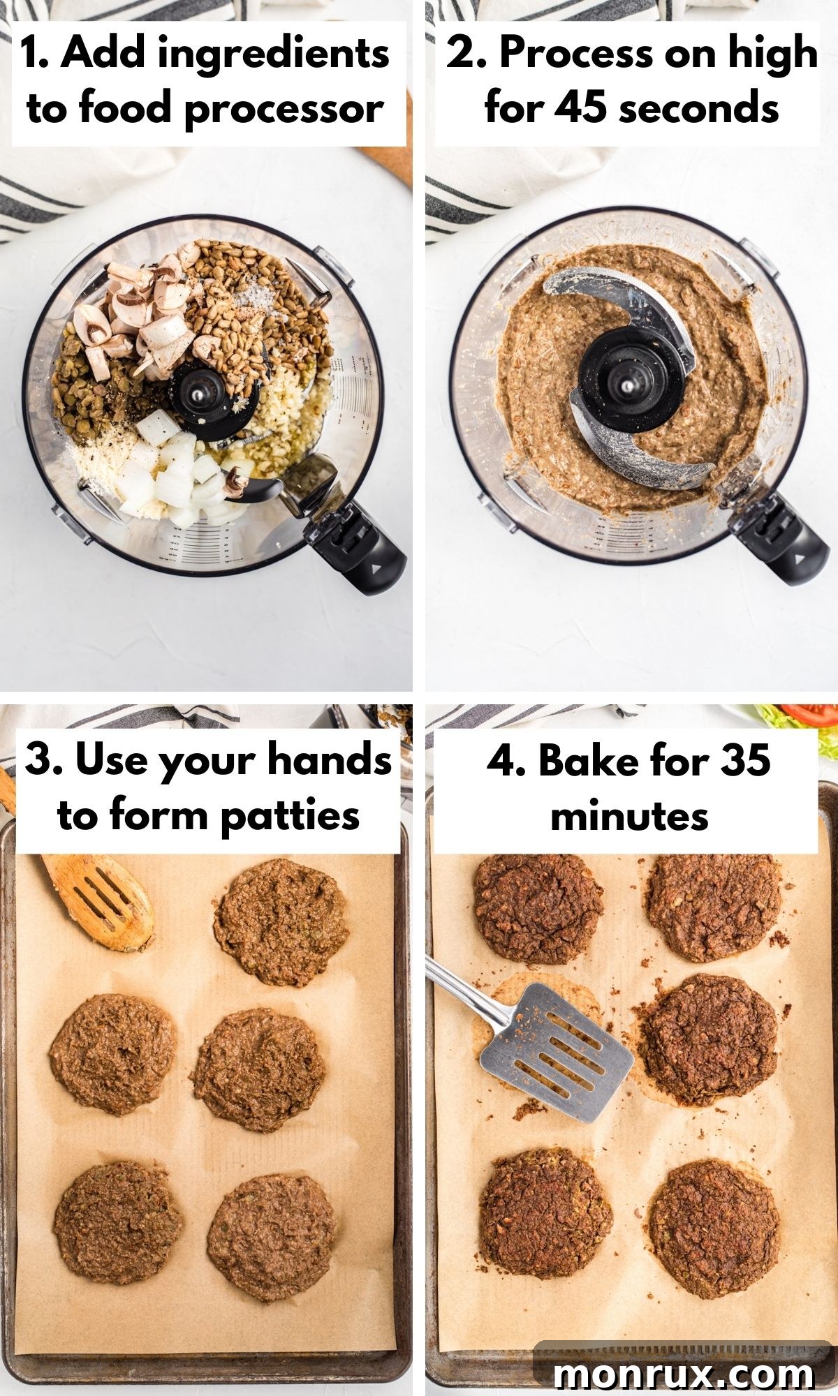 A four-photo collage showing the step-by-step process of making lentil burgers, from combining ingredients to forming patties.