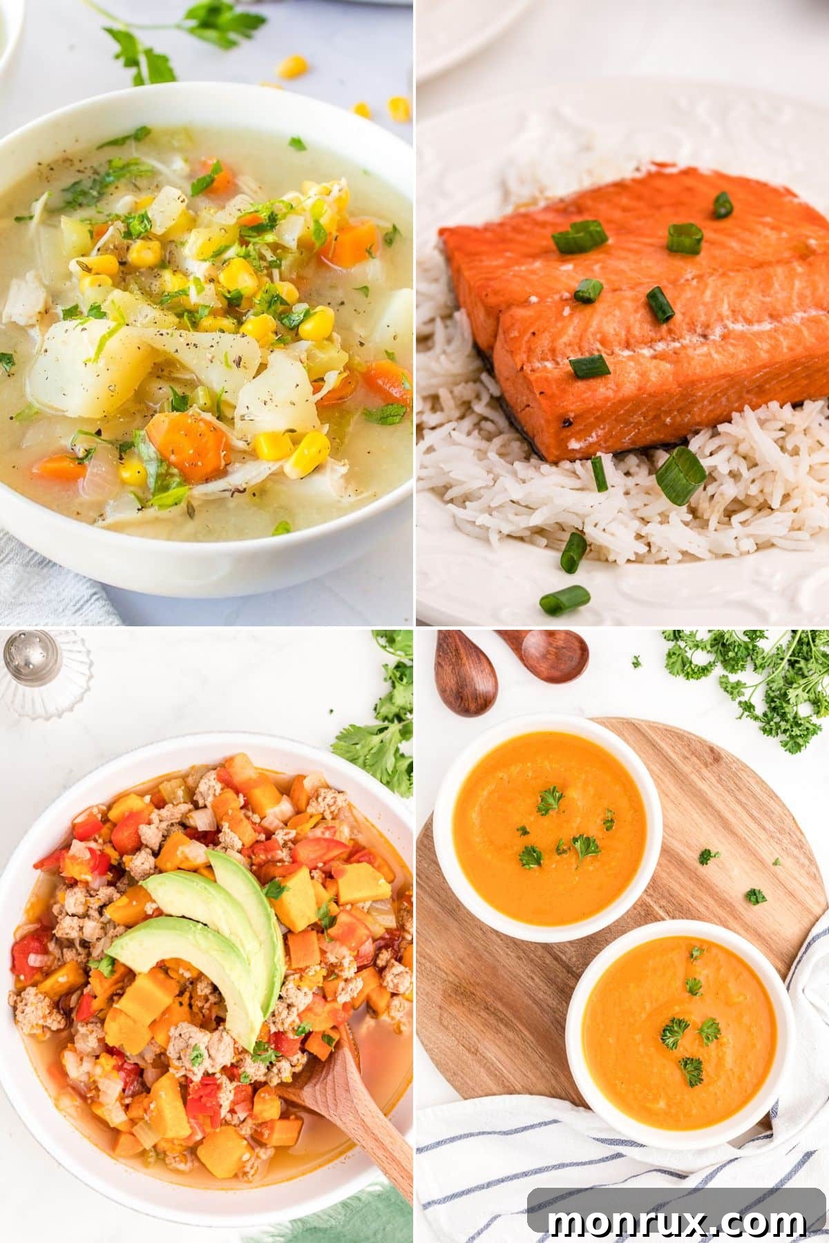 A collage of four vibrant Instant Pot meals, including salmon and rice, chicken stew, turkey chili, and pork chops with rice, showcasing healthy and easy options for weight loss.