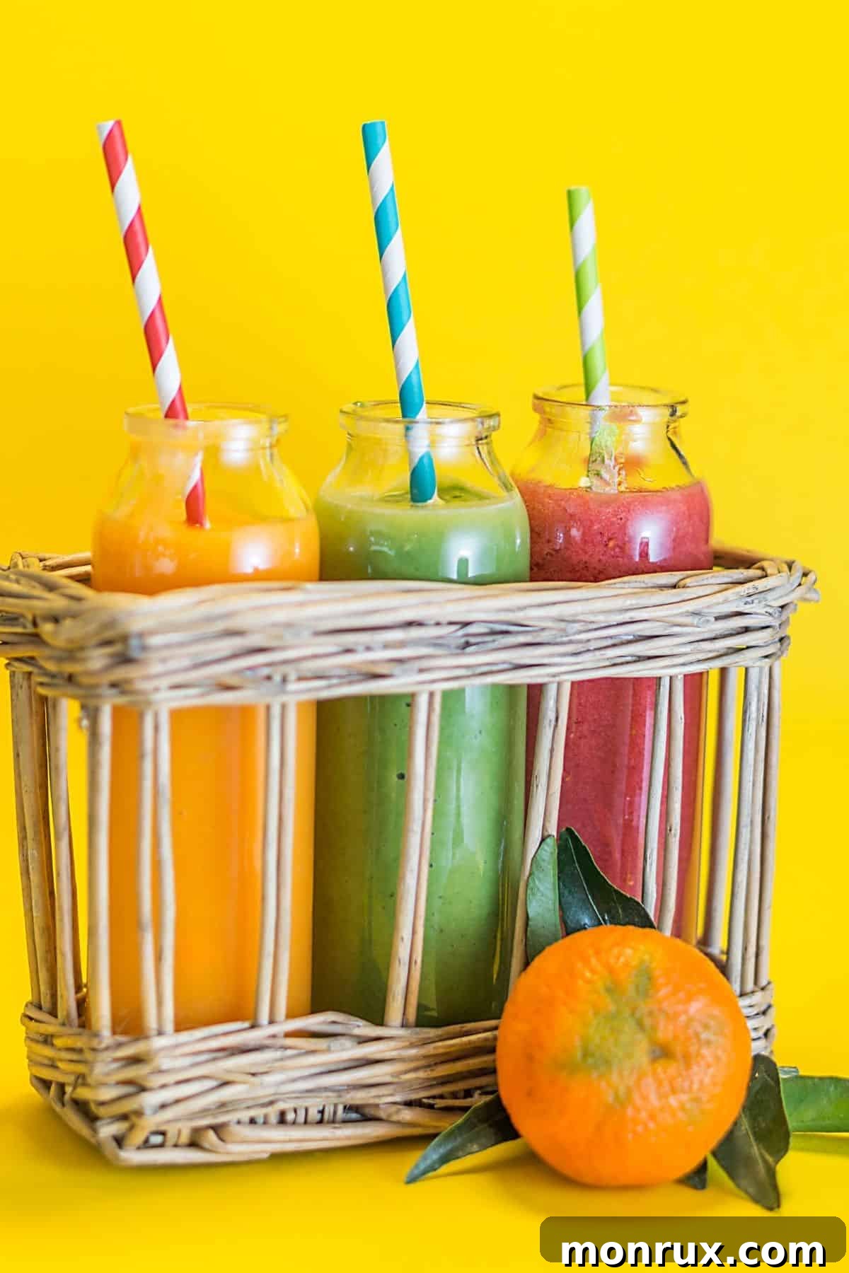 Three colorful dairy-free fruit smoothies with straws, ready to be enjoyed as a healthy treat.