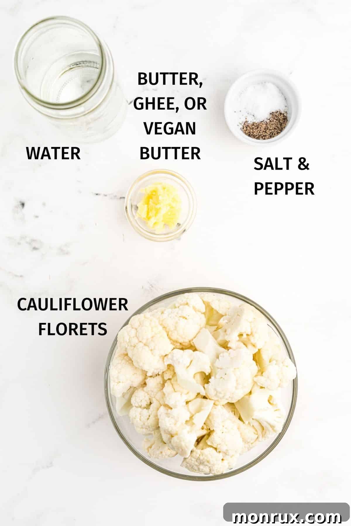 A collage of labeled ingredients: fresh cauliflower florets, water, a stick of butter (or ghee/vegan butter), and salt and pepper.