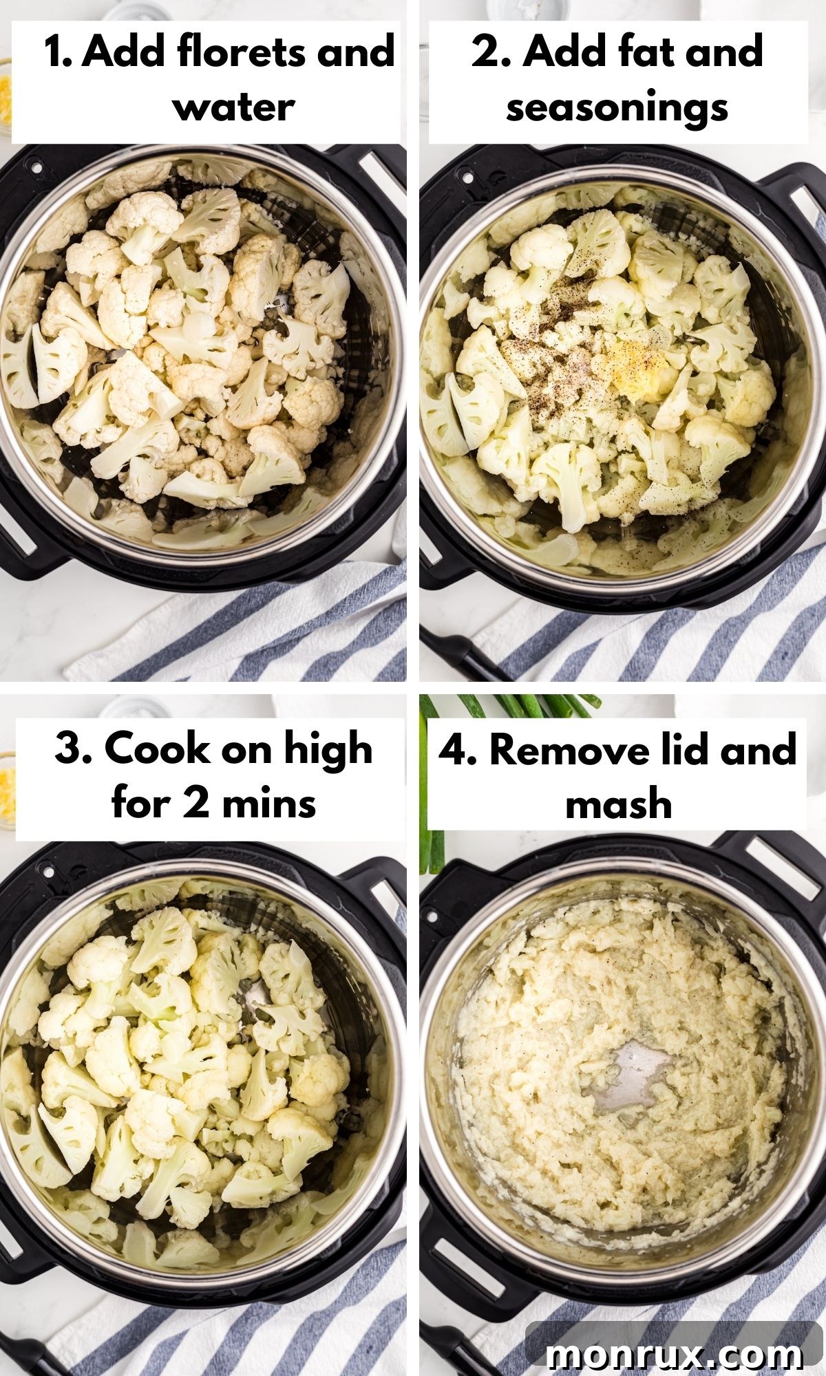 A four-panel collage showing the process of making instant pot mashed cauliflower, from florets to mashed consistency.