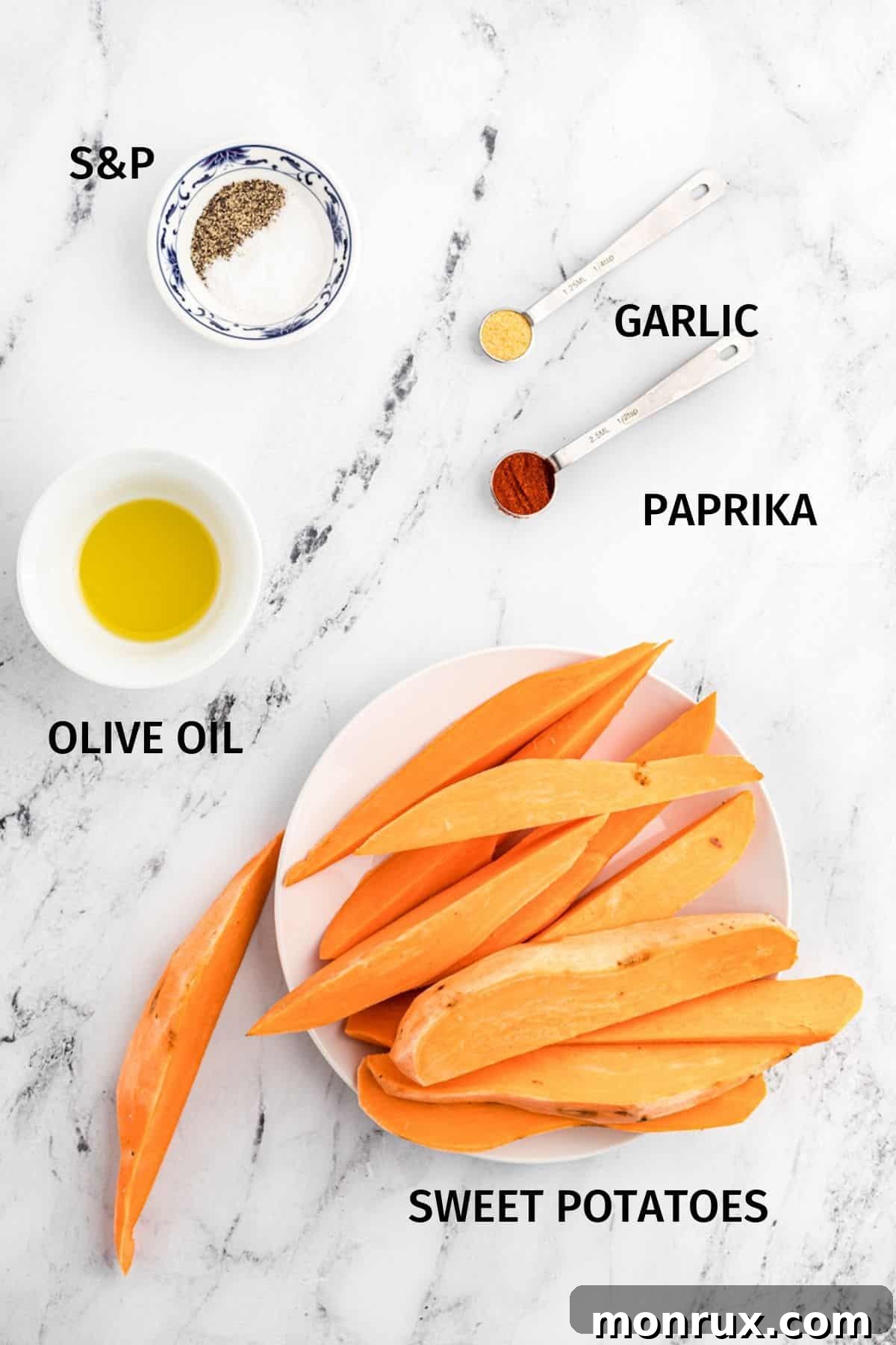 Ingredients for air fried sweet potato wedges laid out in small bowls.