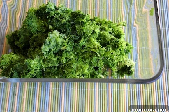 Freshly extracted green juice pulp collected in a clear glass container, ready for cracker preparation.