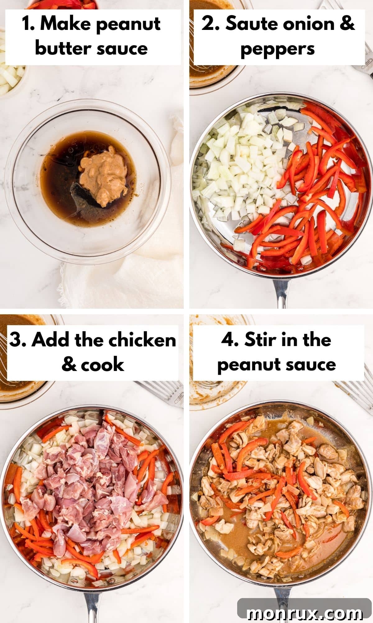 Detailed steps showing the making of peanut butter chicken in a skillet