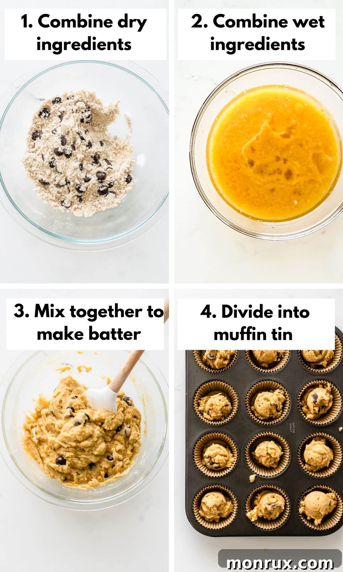 Process photos showing steps to make coconut flour muffins: combining ingredients, mixing, and pouring batter into muffin tin.