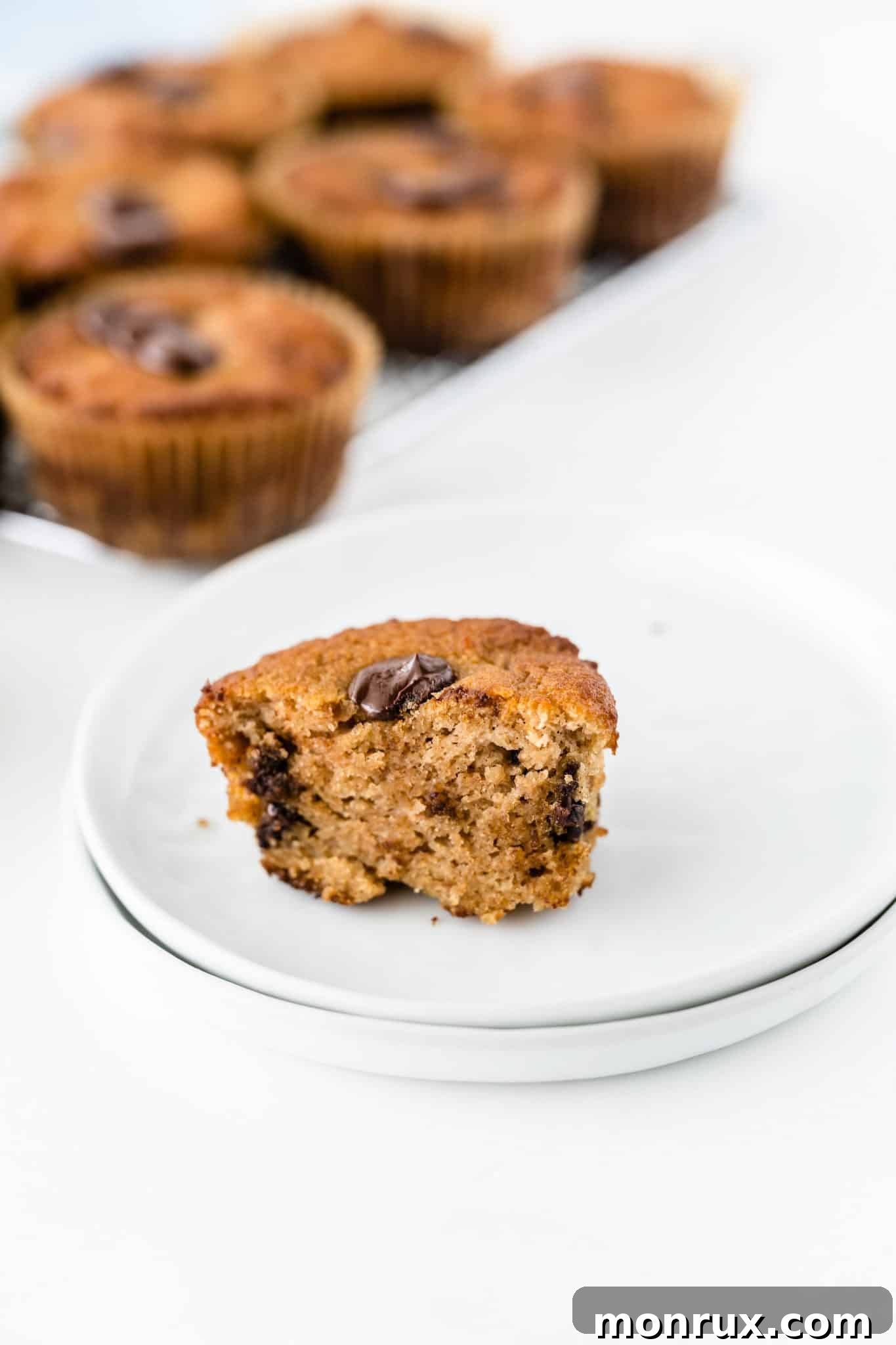 A baked coconut flour chocolate chip muffin with a bite taken out, showing its fluffy interior.