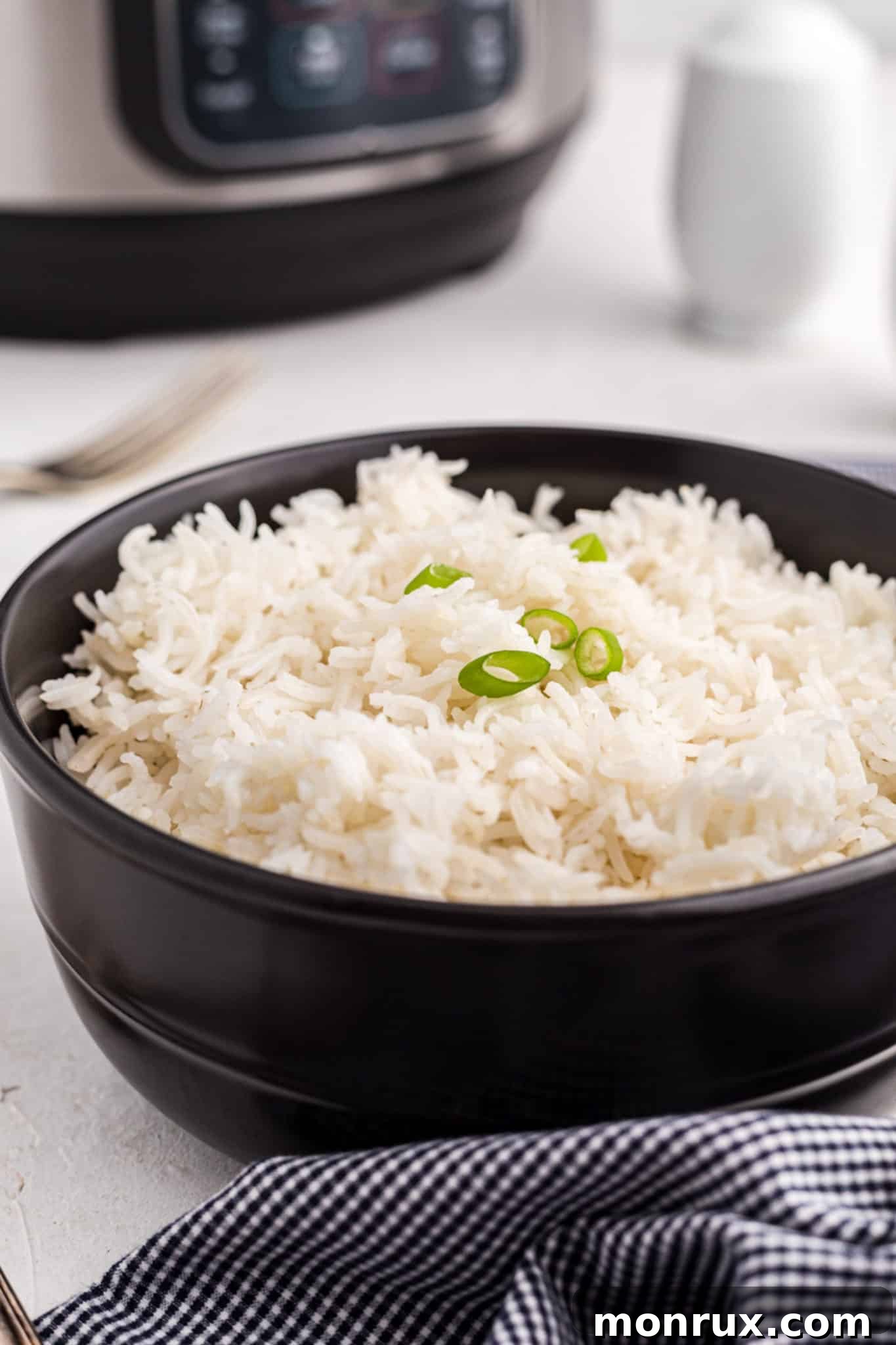 A beautifully presented bowl of perfectly cooked Instant Pot Basmati rice, ready to be served.