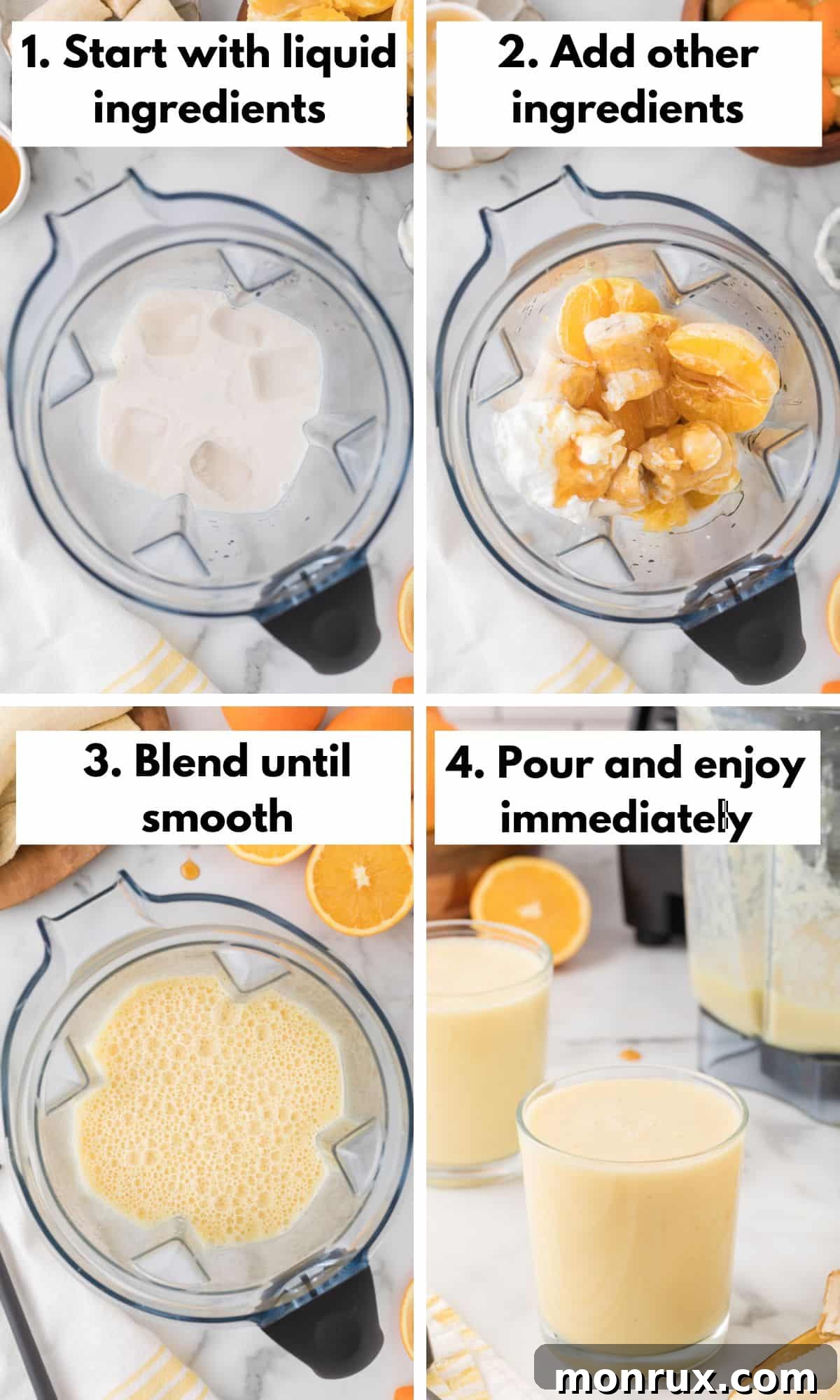 A four-panel collage illustrating the step-by-step process of making an orange banana smoothie, from combining ingredients to final blend.
