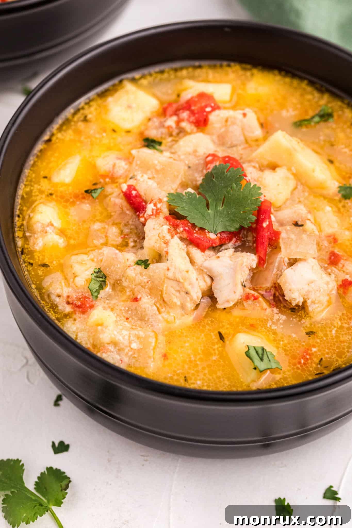 sweet potato chicken curry served in a bowl.