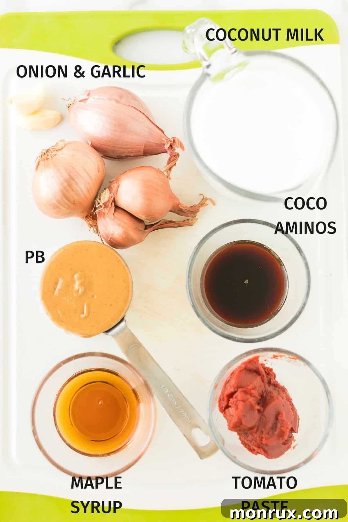 Ingredients laid out on a white surface for making Instant Pot peanut chicken.