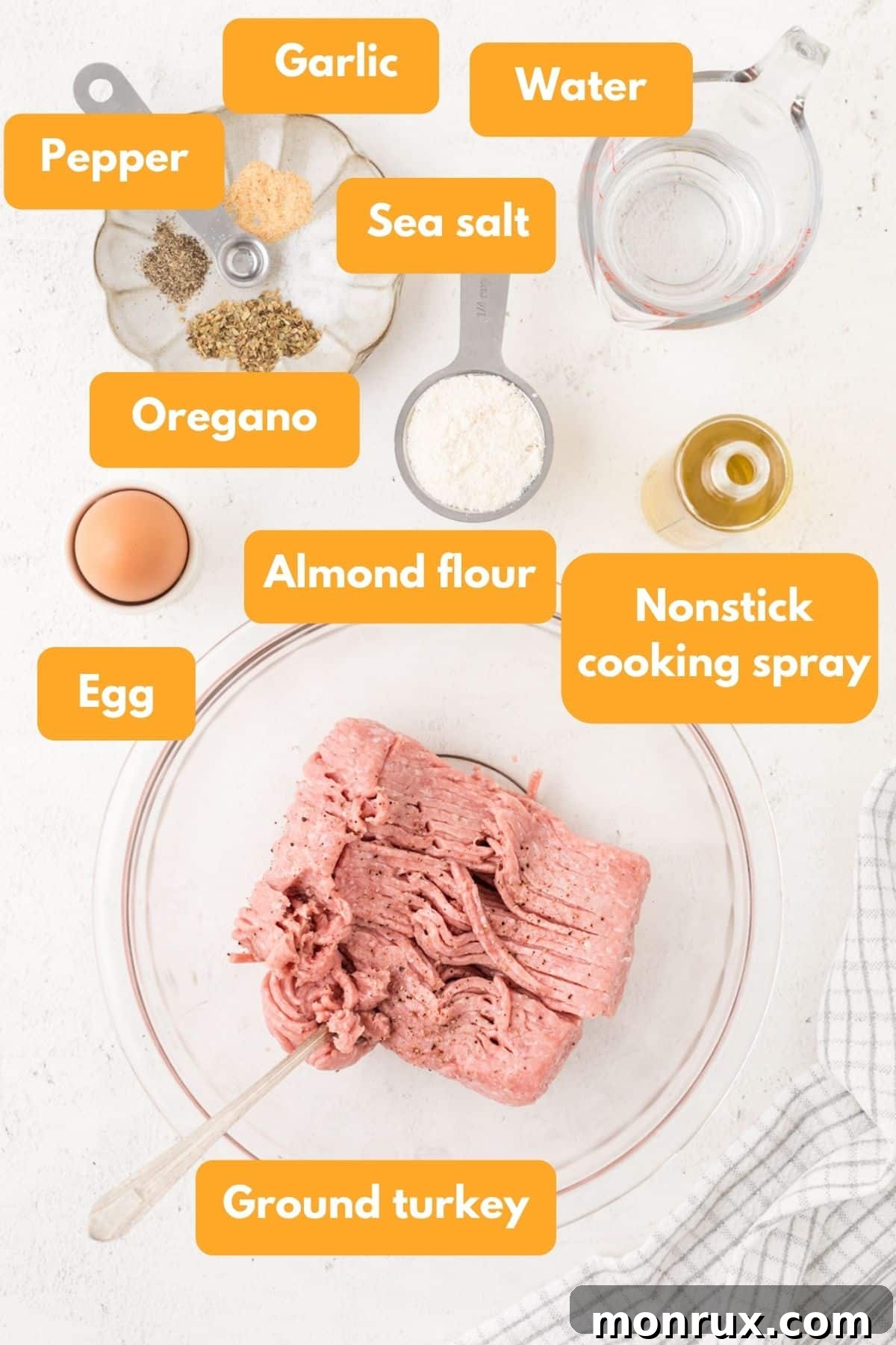 A flat lay image displaying the key ingredients for grain-free turkey burgers: lean ground turkey, almond flour, egg, and a selection of dried herbs and spices.