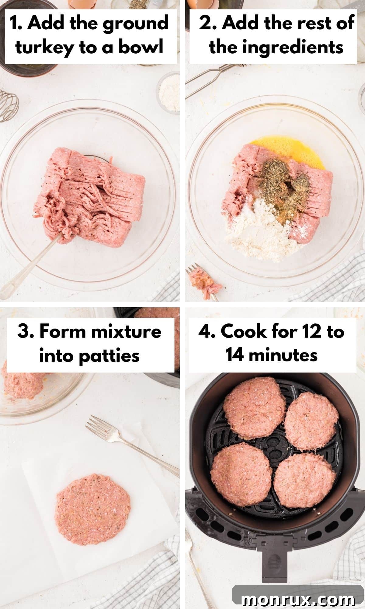 A four-step visual guide showing the process of making air fryer turkey burgers: mixing ingredients, forming patties, placing in air fryer, and the cooked burger.