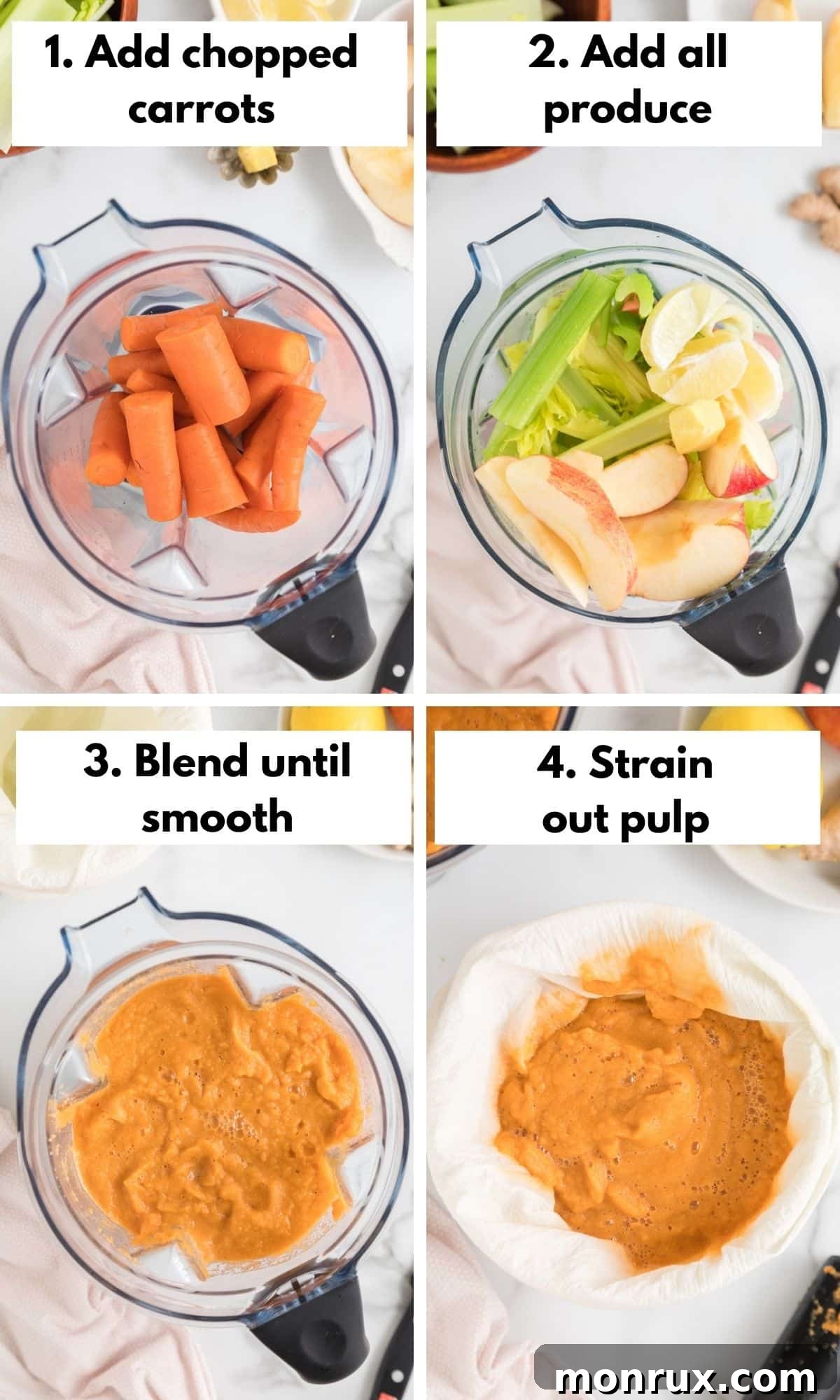 A visual collage showing the process of making carrot celery juice, from ingredients to blending, to pouring into a glass.