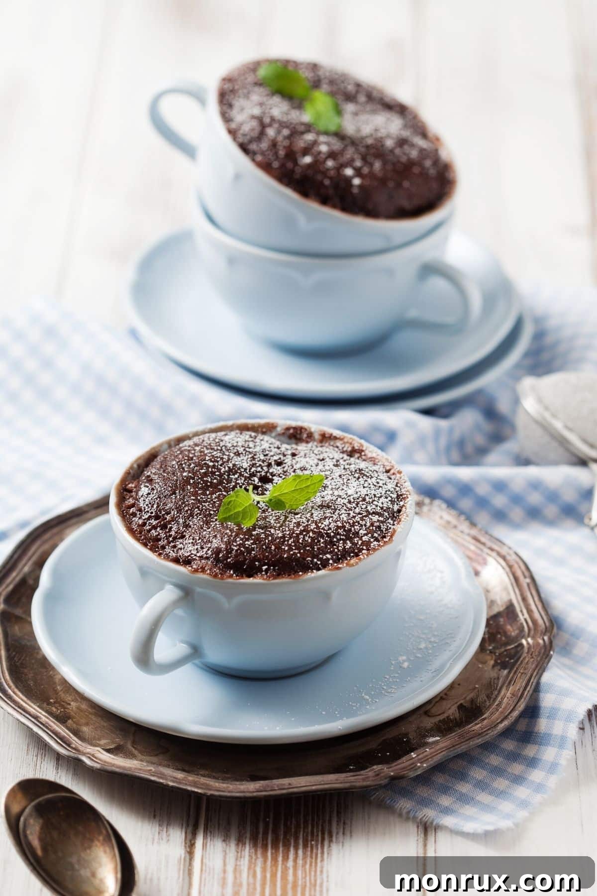 Two mugs of fluffy coconut flour double chocolate mug cake, garnished with fresh mint leaves on top.