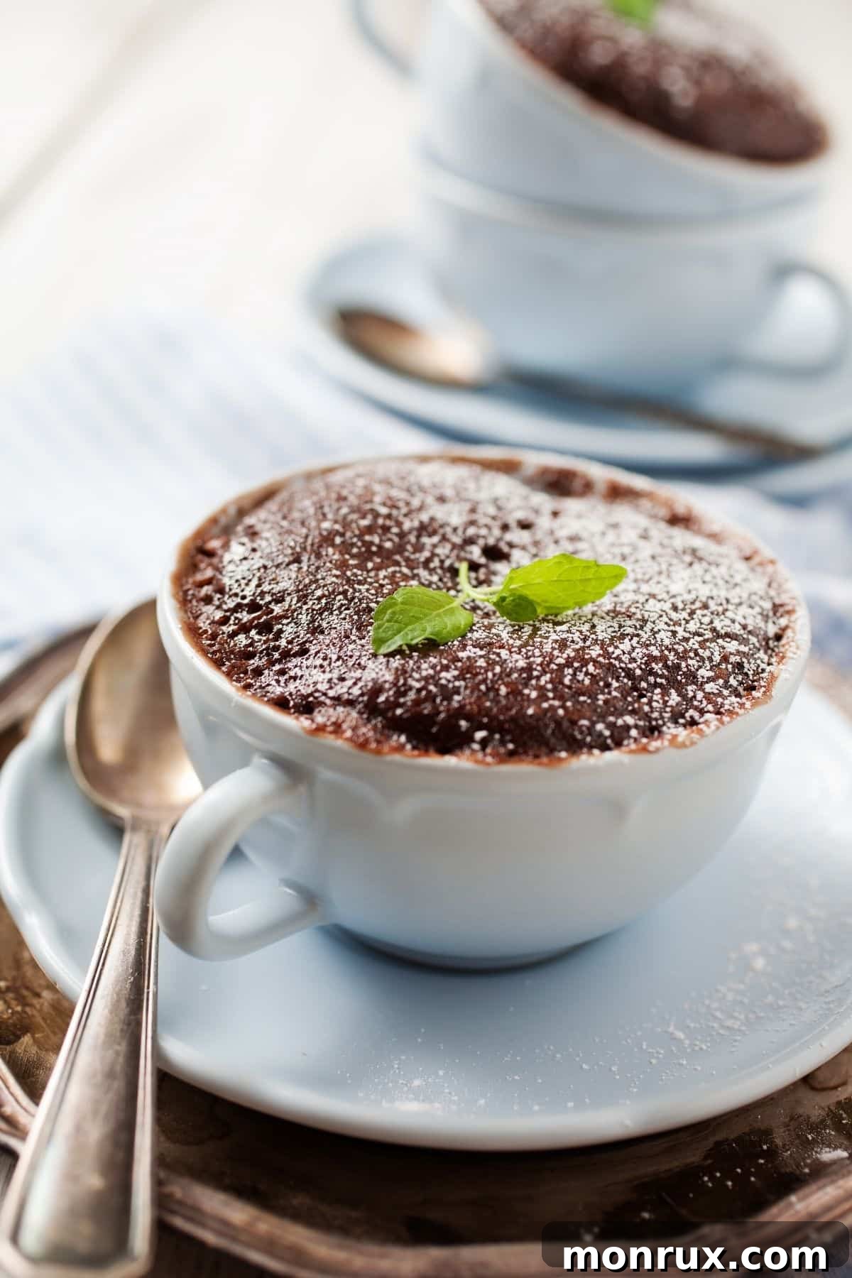 A finished chocolate mug cake on a table, lightly dusted with powdered sugar.