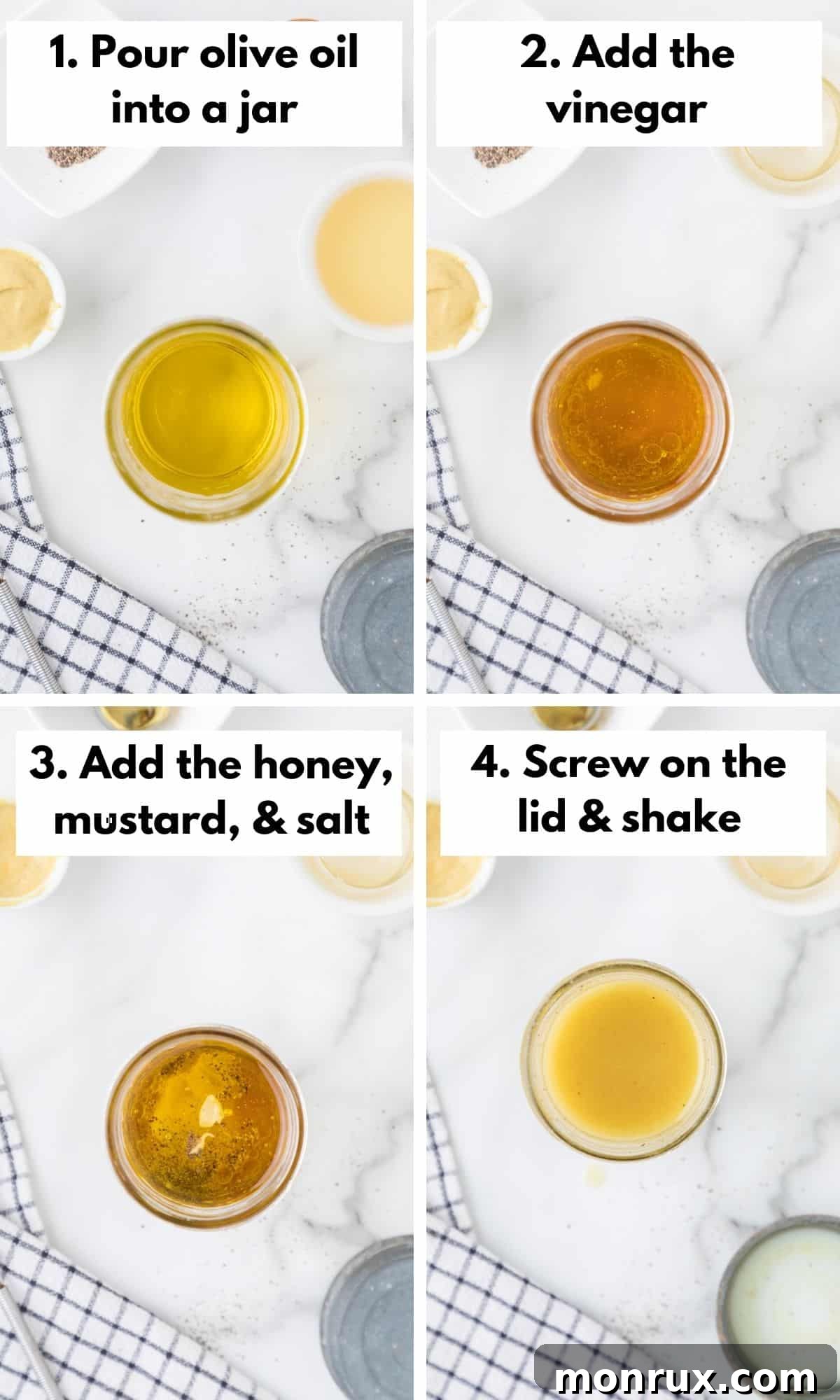 A sequence of images showing the process of making honey mustard dressing, from combining ingredients in a jar to shaking it until emulsified.