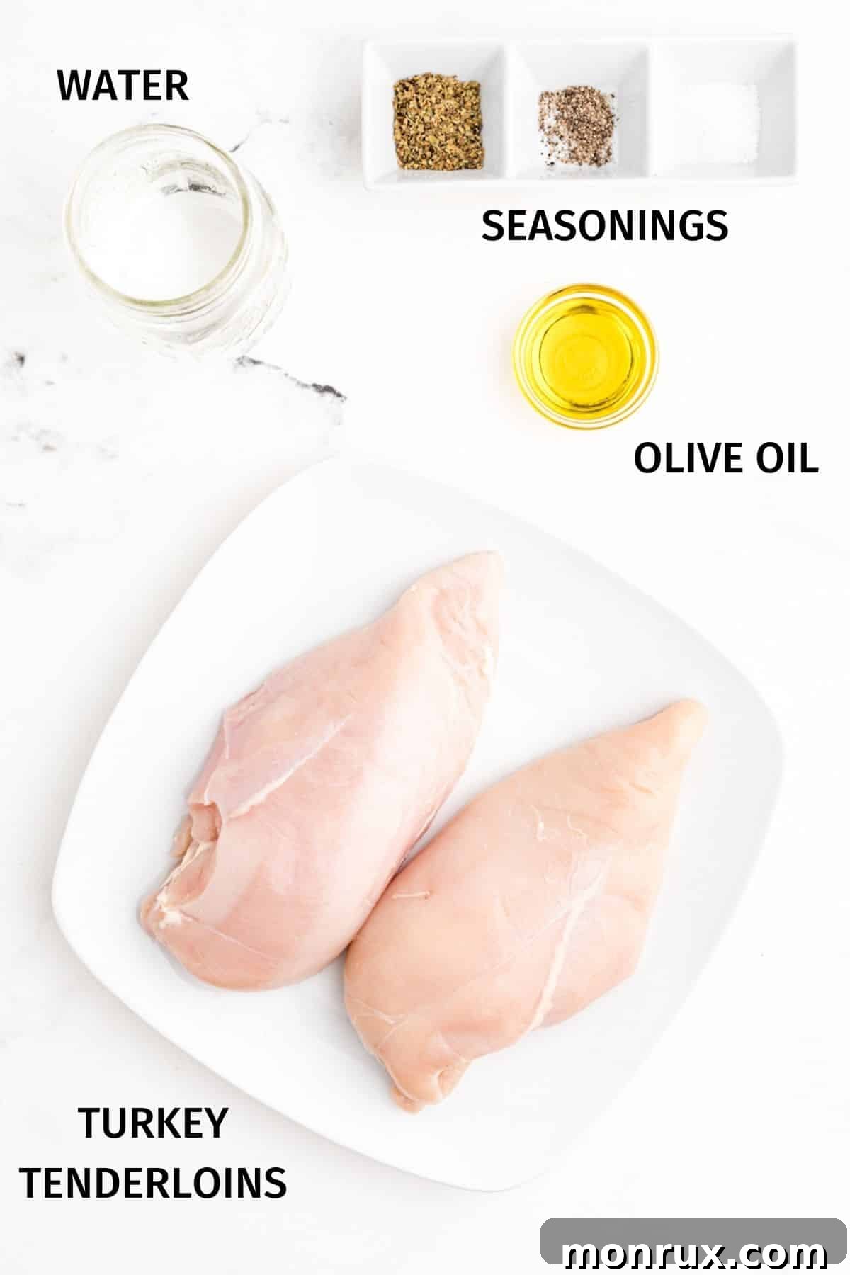 Various ingredients for Instant Pot turkey tenderloin displayed in white bowls on a pristine white surface, ready for preparation.