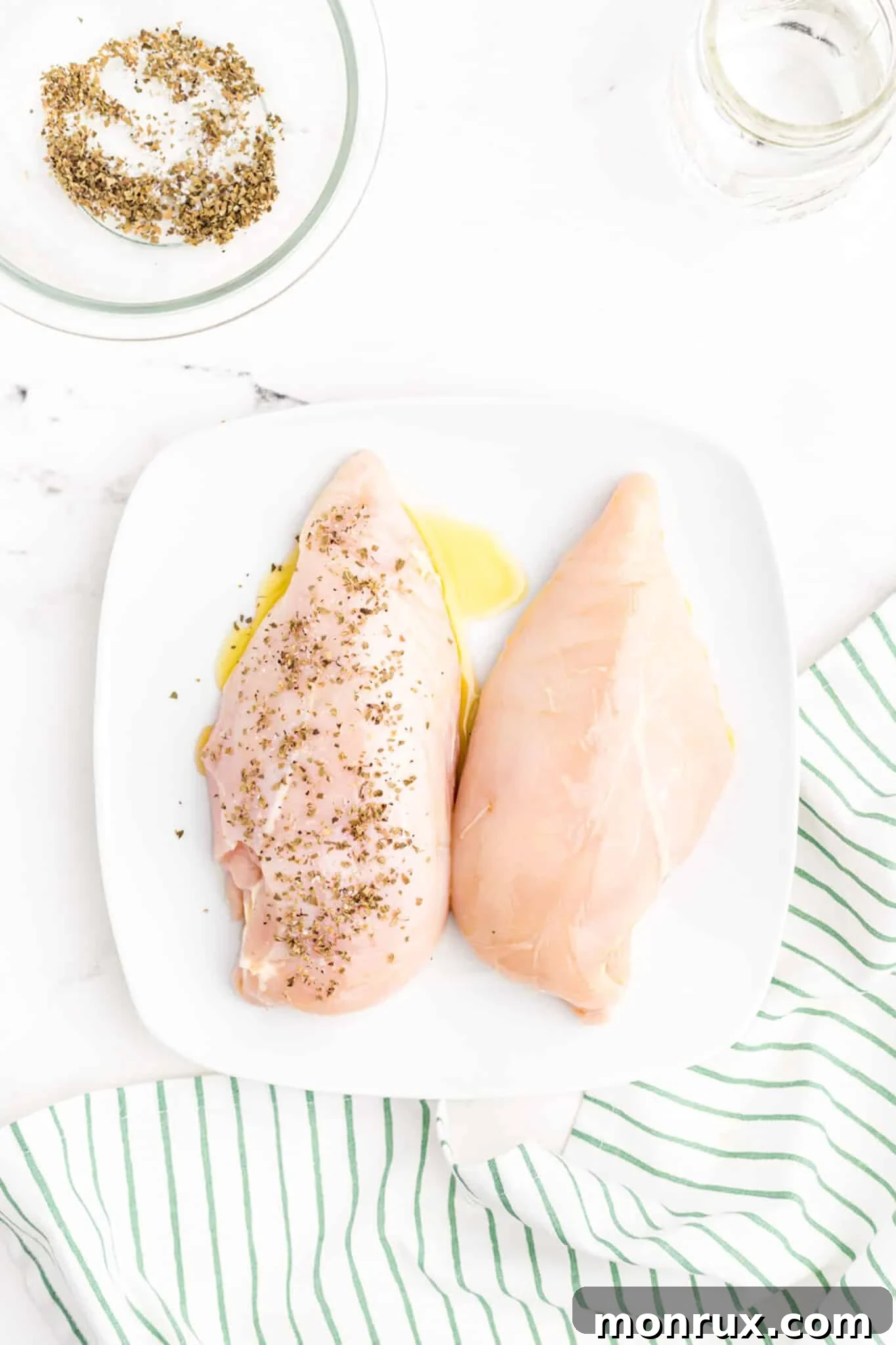 Turkey tenderloins being seasoned evenly with a spice blend.