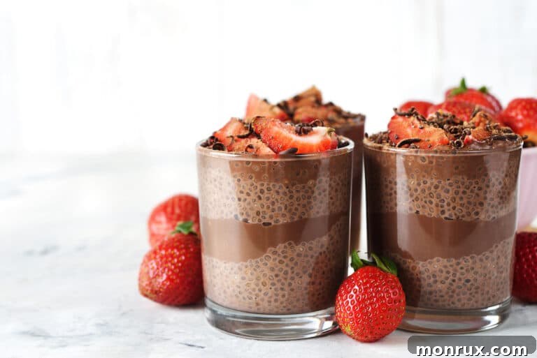 A close-up of Strawberry Chocolate Chia Pudding in a glass with fresh strawberries and chocolate shavings on top.