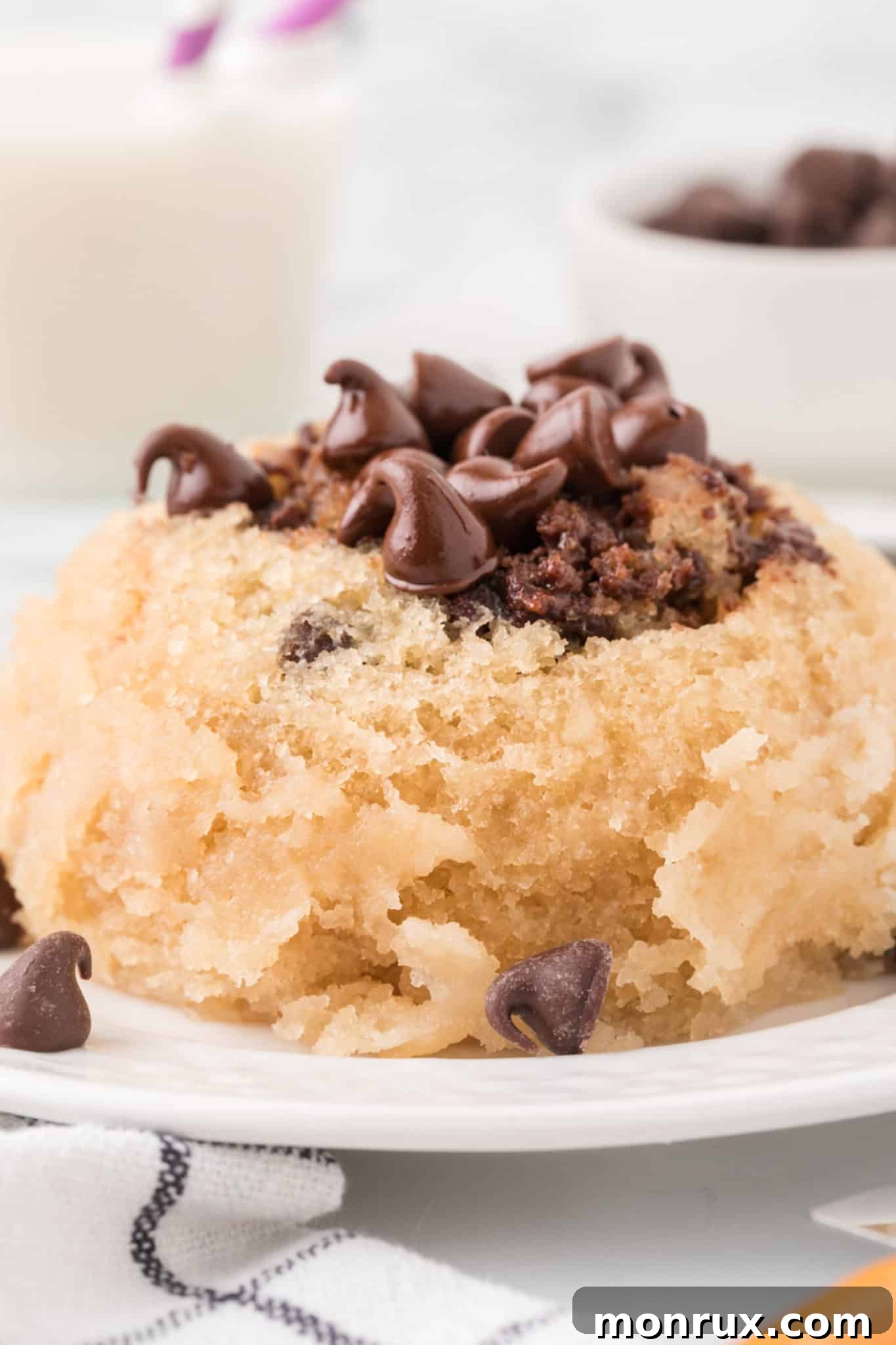 A close-up view of a vegan chocolate chip mug cake, showing its moist and fluffy interior texture.