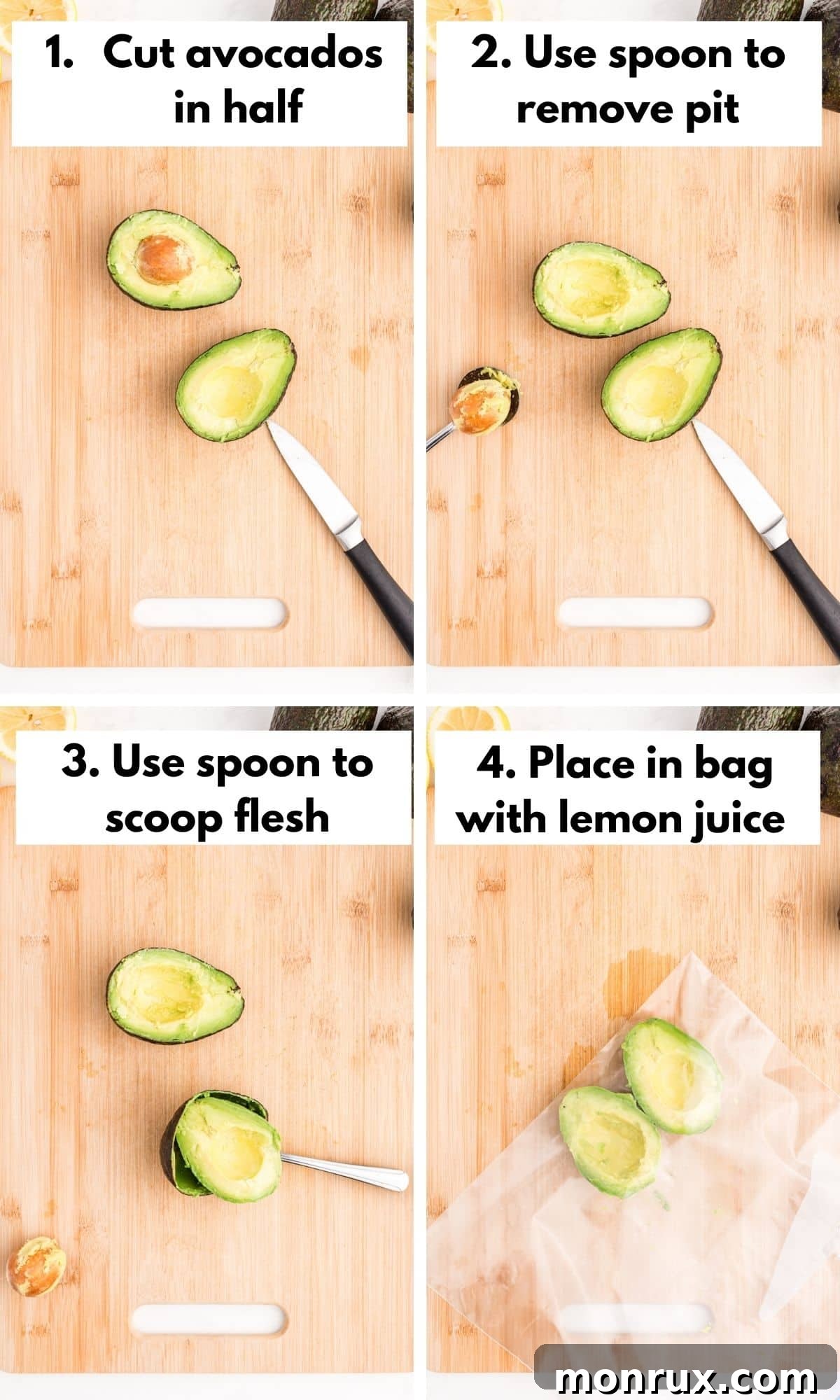 Process photos for how to freeze ripe avocados, showing washing, cutting, and lemon juice application.