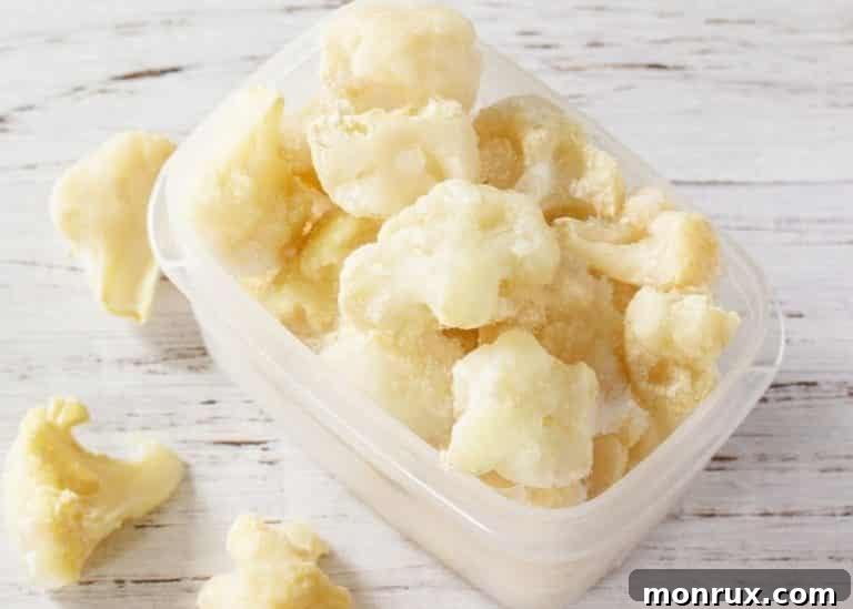 A clear container holds perfectly frozen cauliflower florets, ready for storage or immediate use.