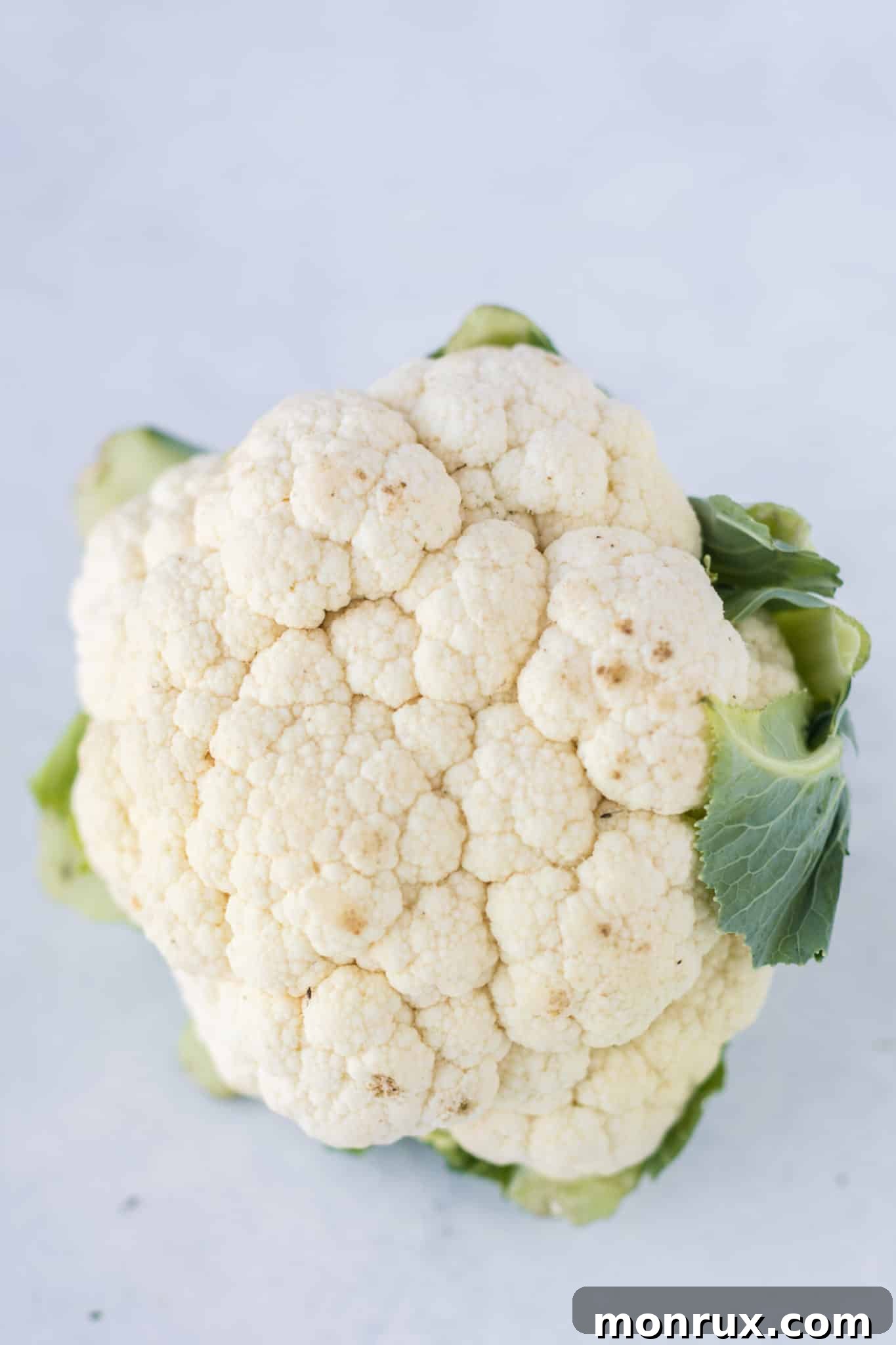 A single, fresh head of white cauliflower sits prominently on a kitchen tabletop, ready for preparation.