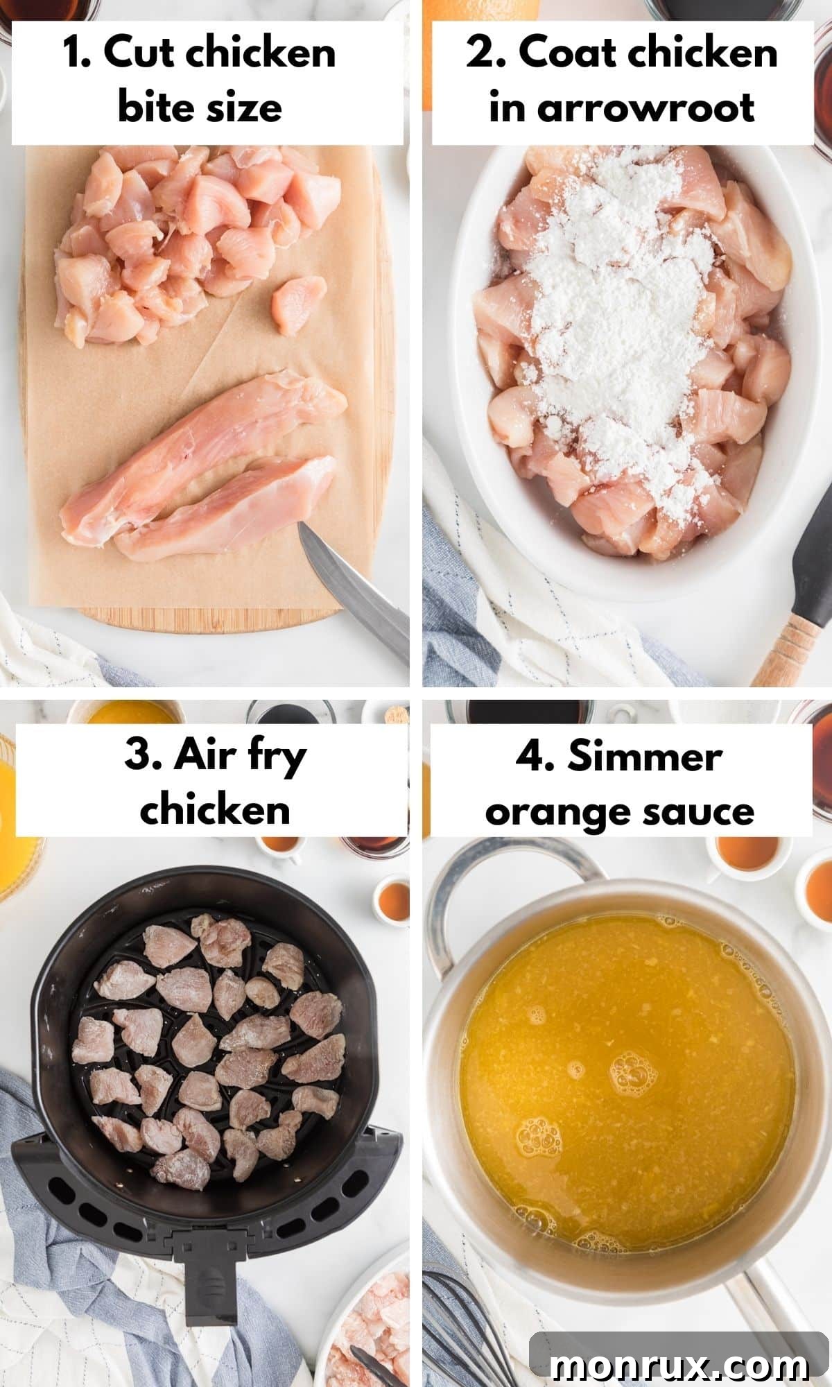 Collage of steps for making air fryer orange chicken.