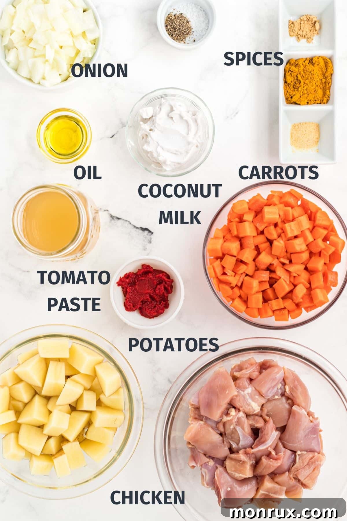 ingredients for instant pot chicken curry with labels.