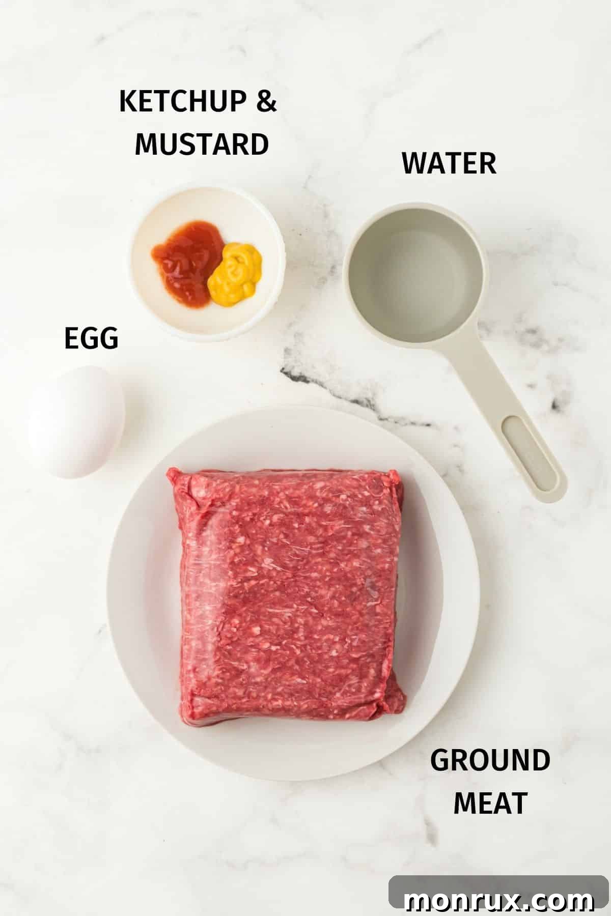 photo with labeled ingredients for air fryer hamburgers.