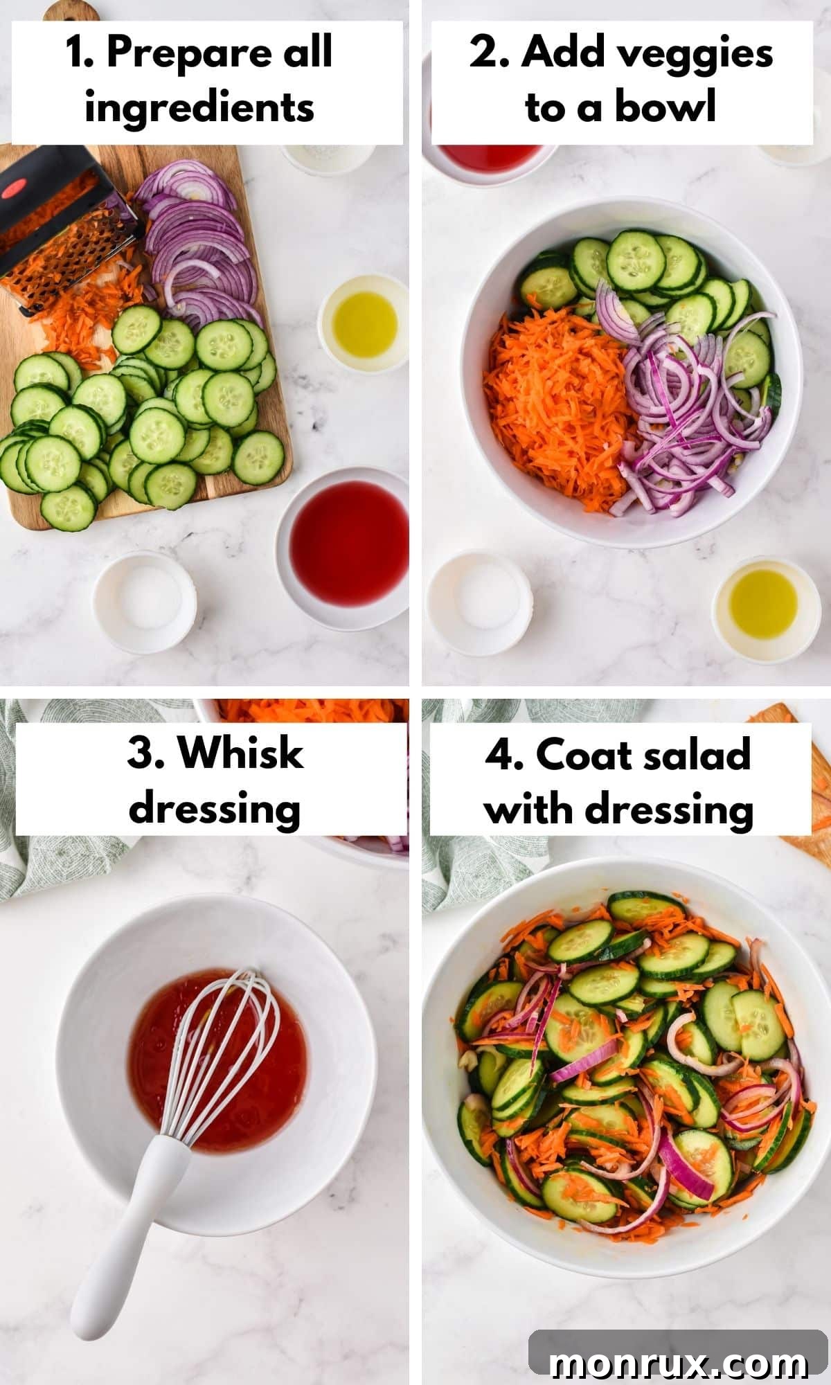 A visual collage illustrating the step-by-step process of preparing a fresh cucumber carrot salad.