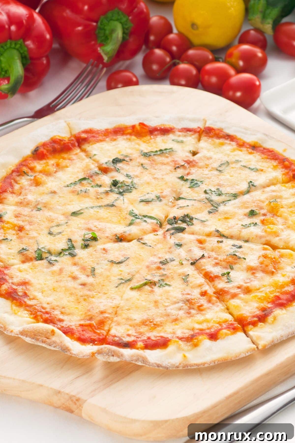 Thin crust cassava flour pizza on a rustic cutting board, ready to be served.
