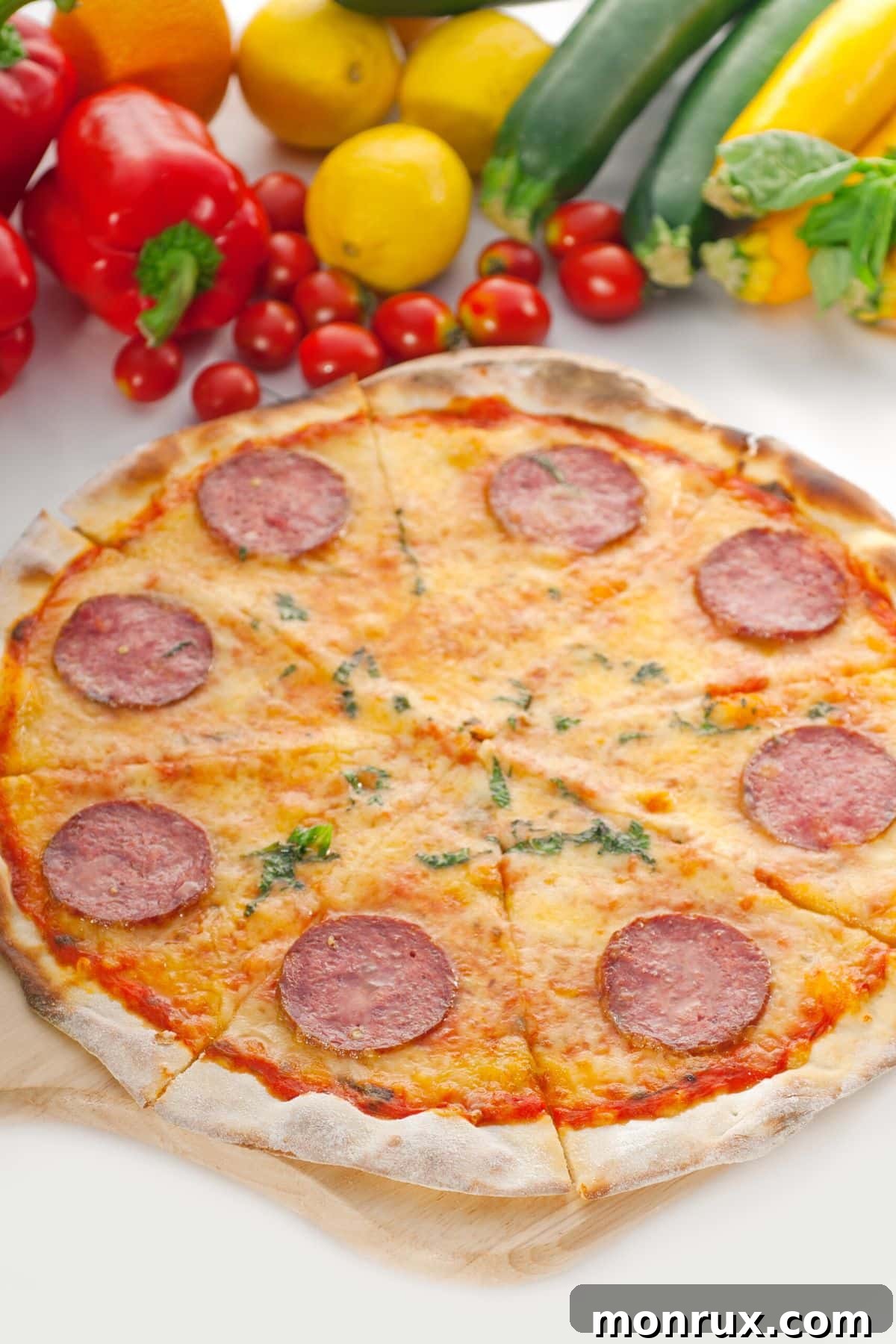 Close-up of a freshly baked cassava flour pizza with pepperoni, ready to slice.